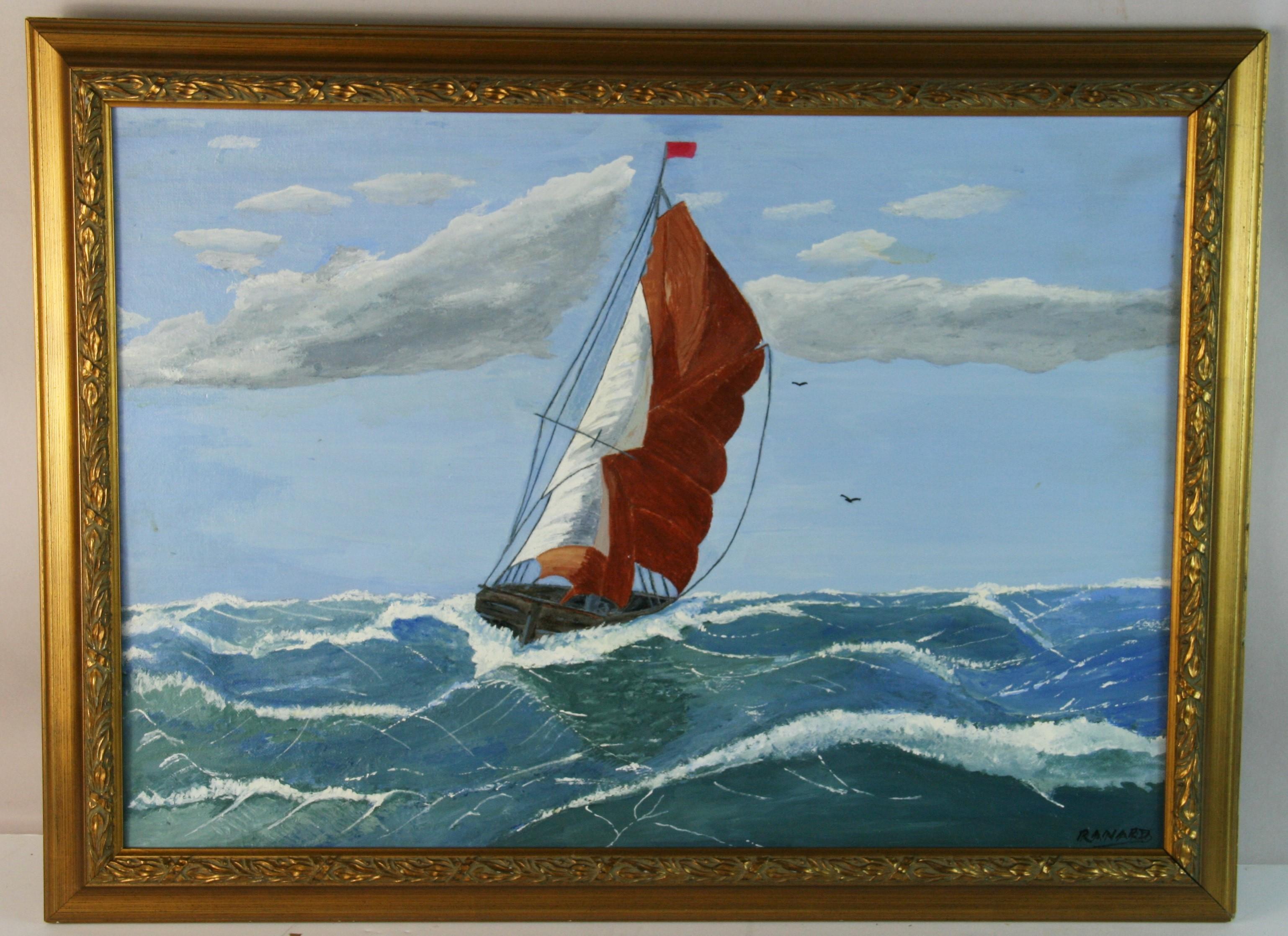 Barca a vela vintage By  Vele piene in acque aperte - Painting di Unknown