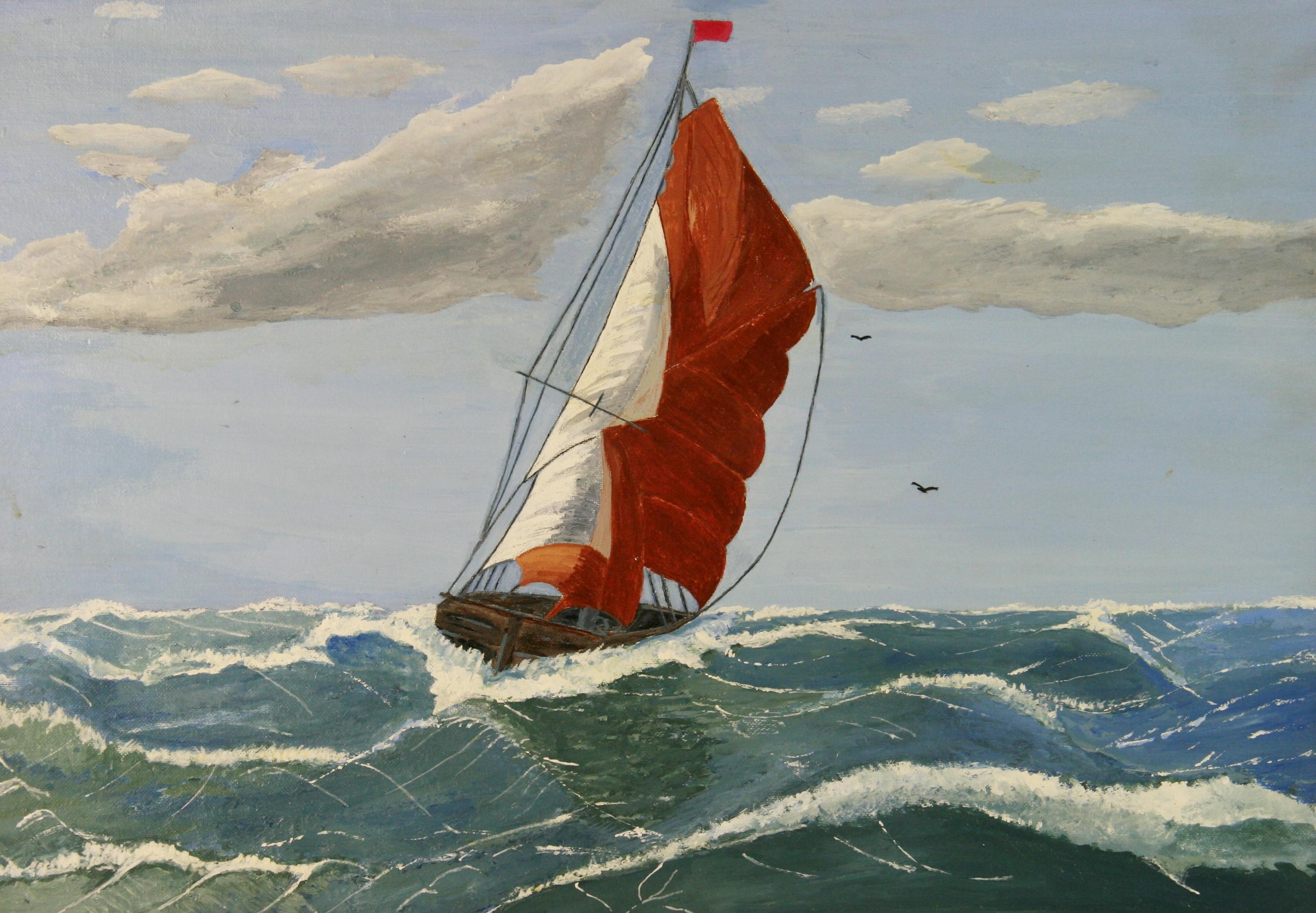 Vintage-Segelboot unter  Vollzeitsegel auf freiem Wasser