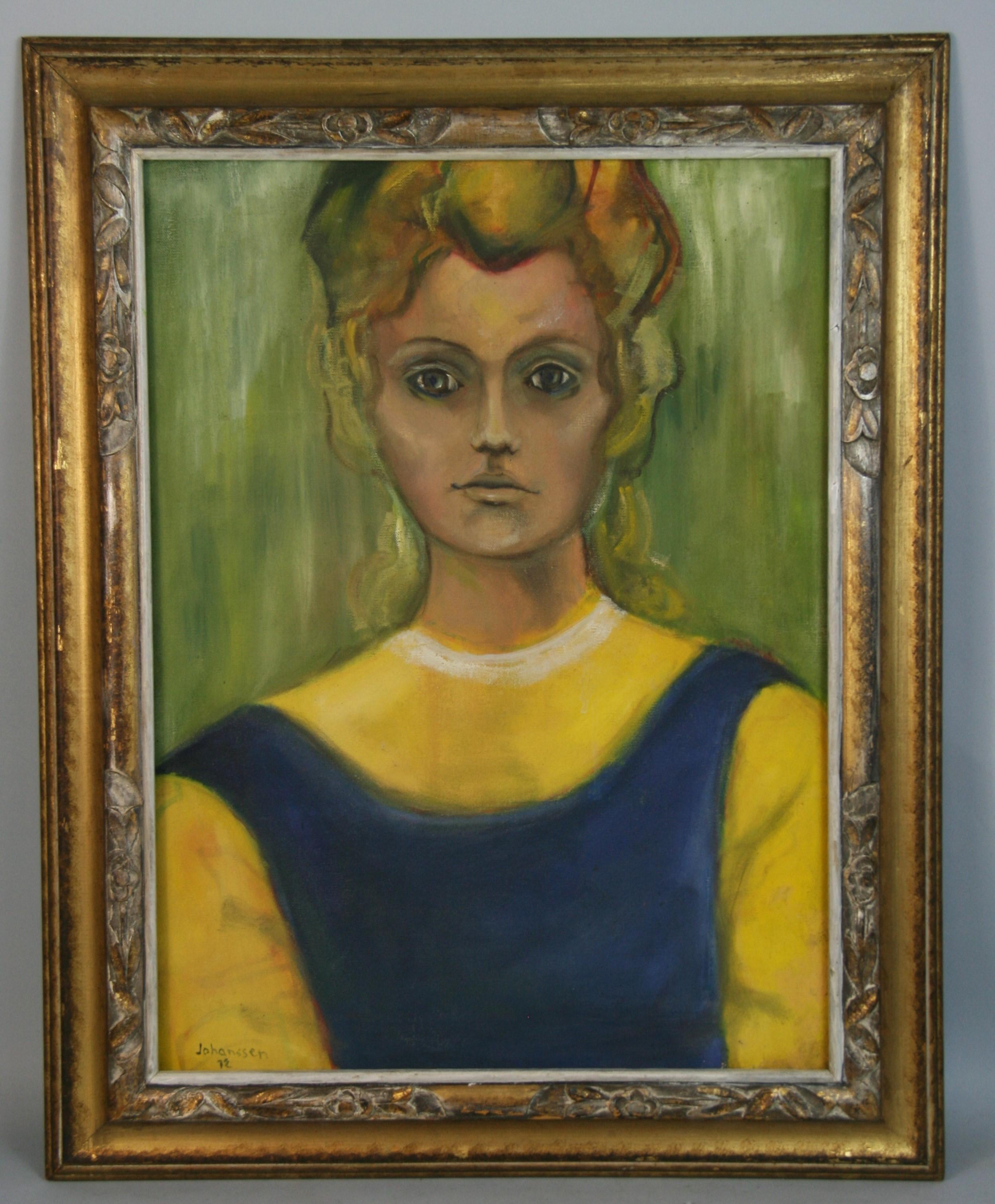 5030 Scandinavian female figurative painting

Set in a hand carved wood frame. Image size 23x17"
Signed Johanssen
