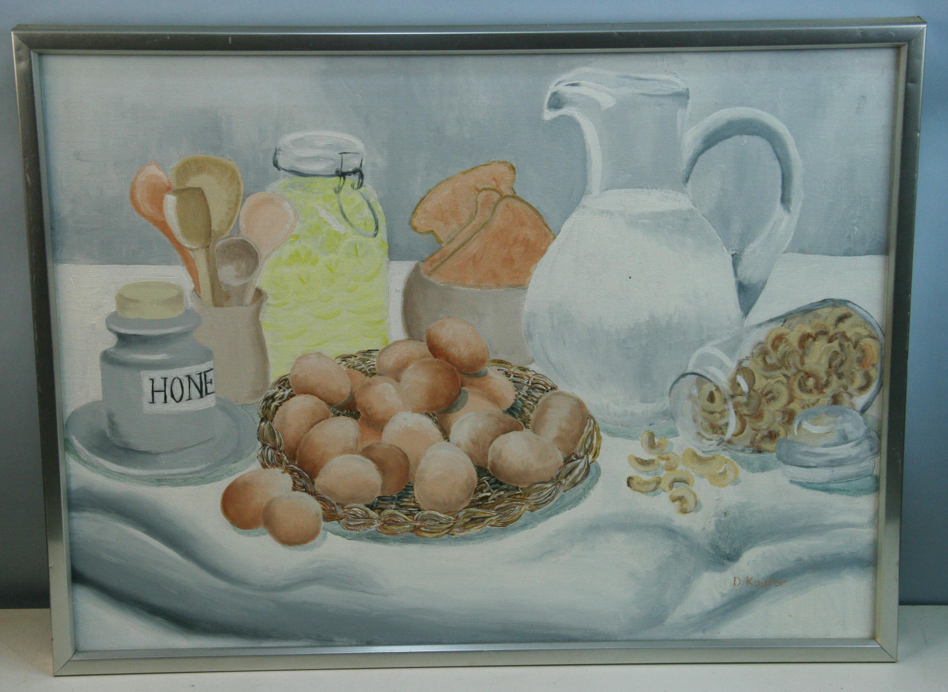 Vintage By  Skandinavisches Tischgedeck Stillleben  Gerahmtes Öl  Gemälde von D. Kaufer (Grau), Still-Life Painting, von Unknown
