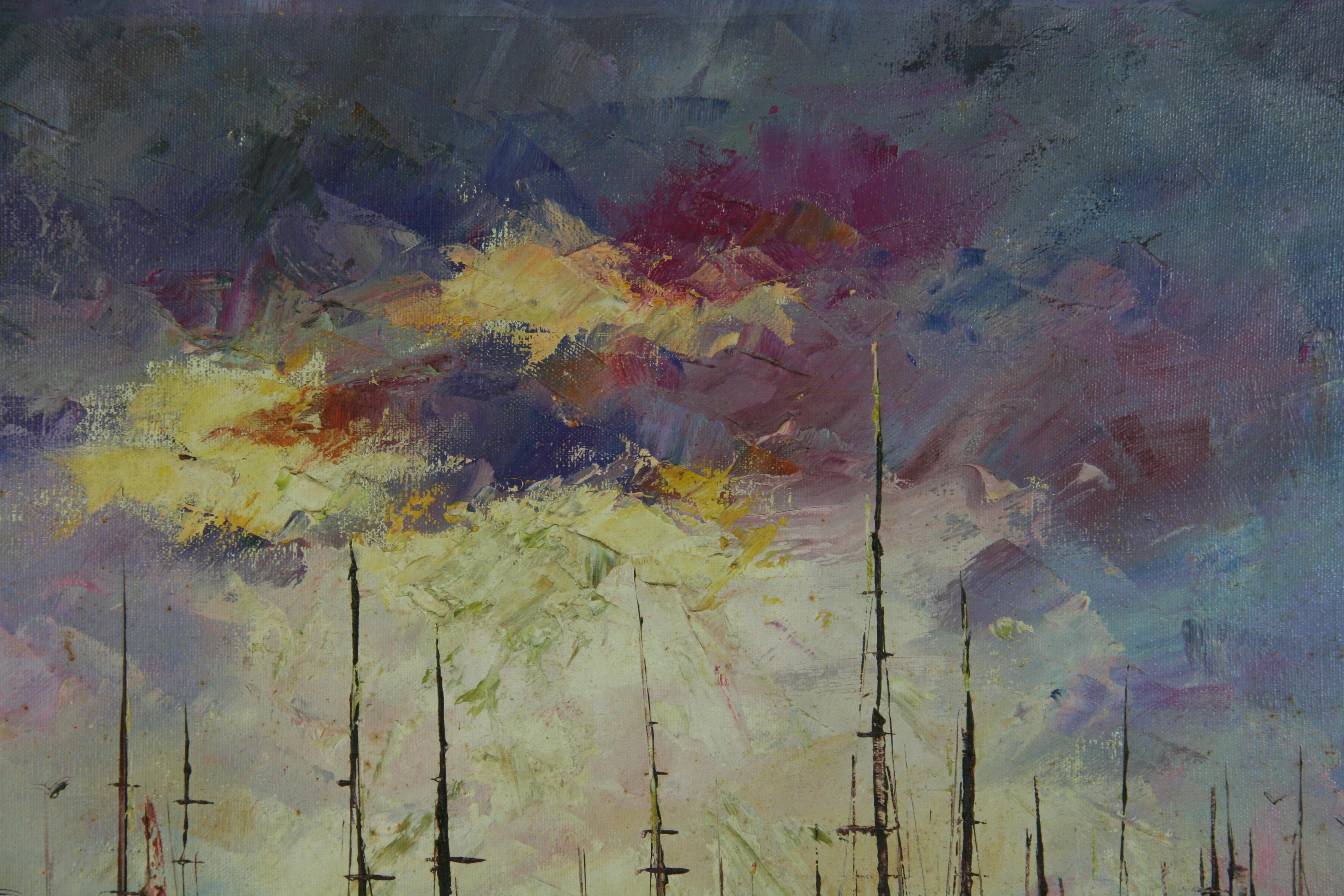 5080 Oil on canvas of sailboats in a French  Riviera harbor