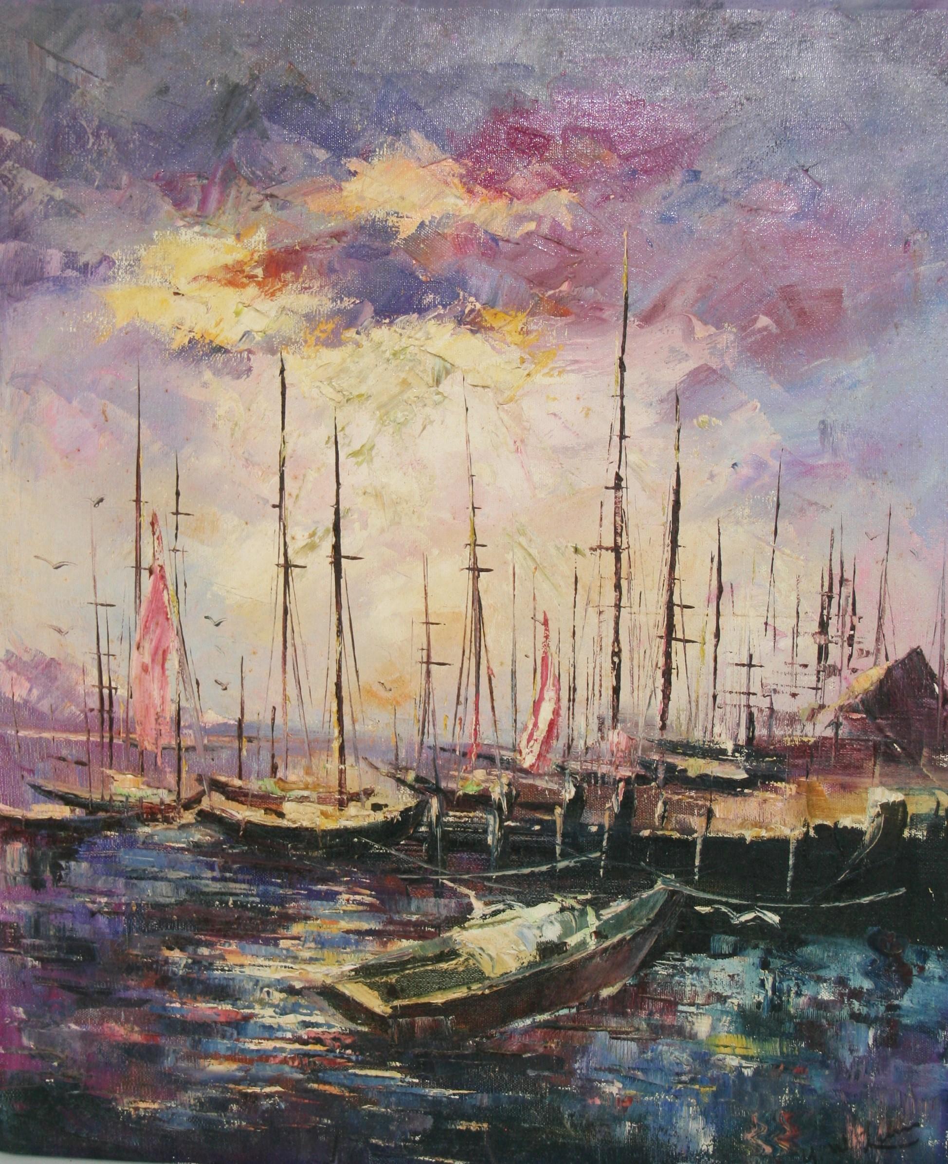 Vintage Seascape Oil Painting of Sailboats in French Harbor, 1950s