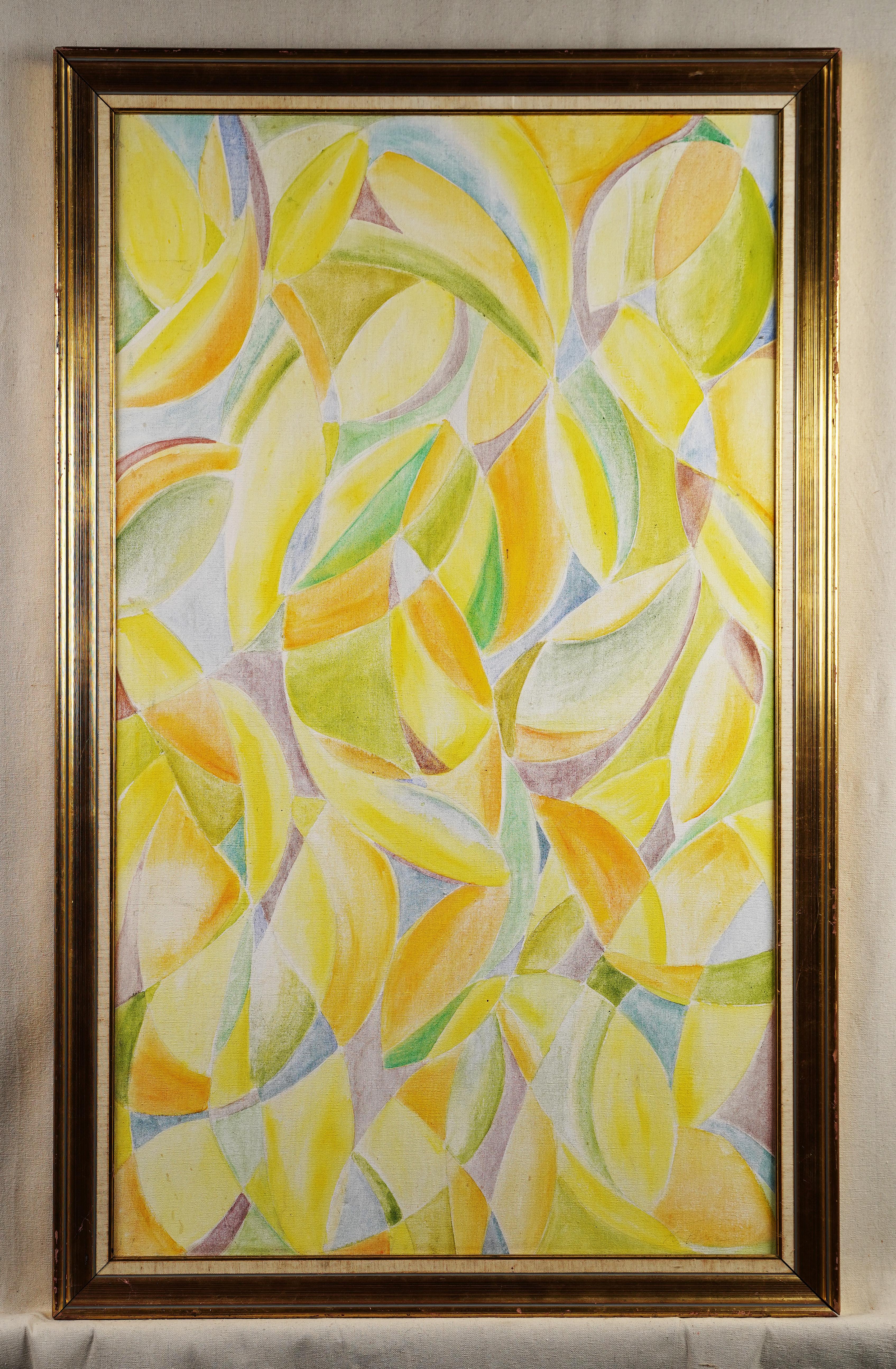 Vintage American school abstract oil painting.  Oil on canvas.  Signed.  Framed.  Image size, 26L x 45H.