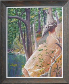 Vintage Signed American Modernist Framed Lake Landscape Large Oil Painting