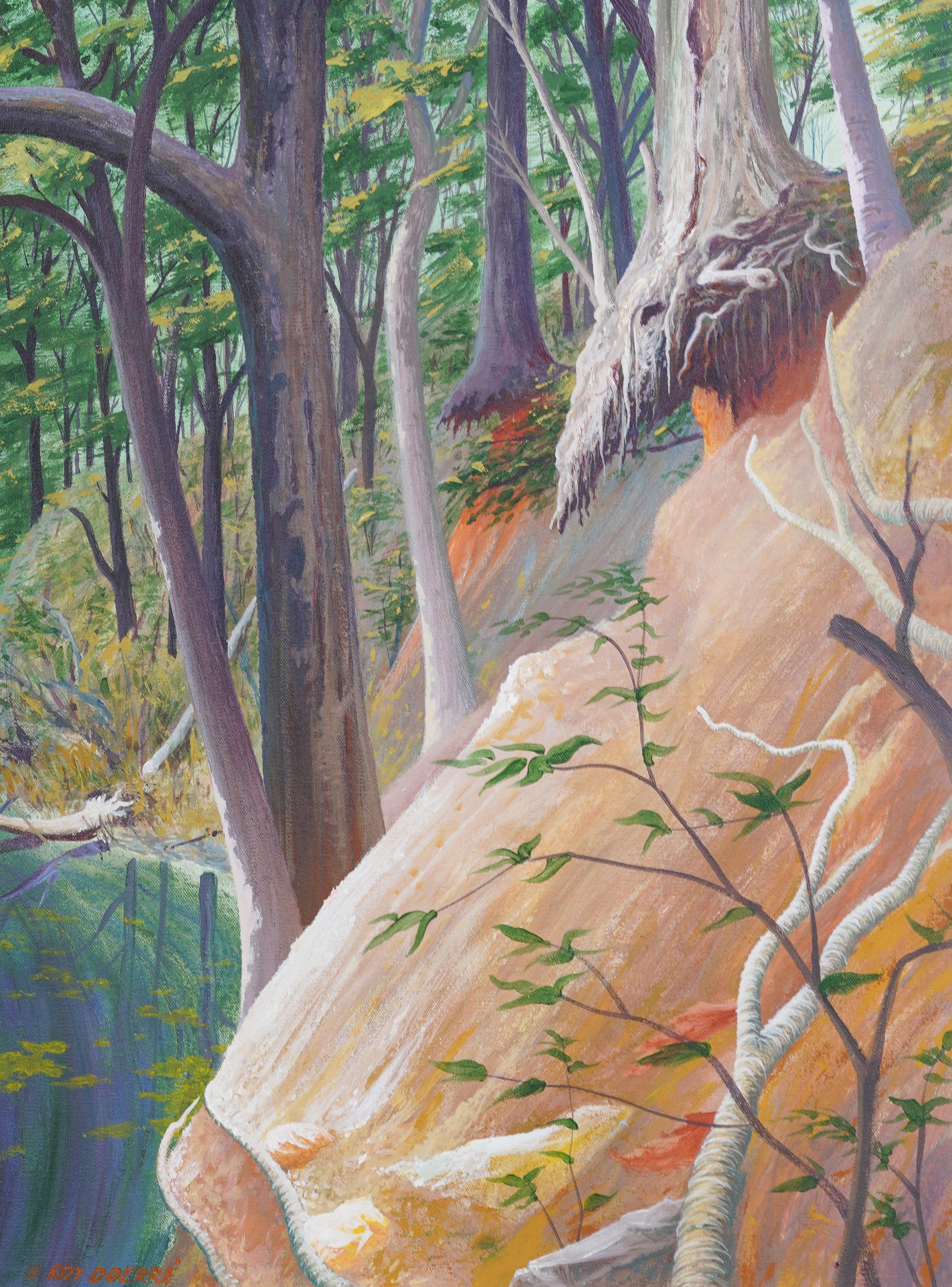 Beeindruckender früher amerikanischer Modernist  Landschaft Ölgemälde.  Gerahmt.  Öl auf Leinwand.  Unterschrieben.  Bildgröße: 28 H x 22 L.