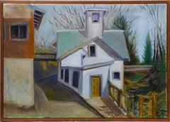 Vintage Signed American Modernist Framed Landscape Architectural Oil Painting
