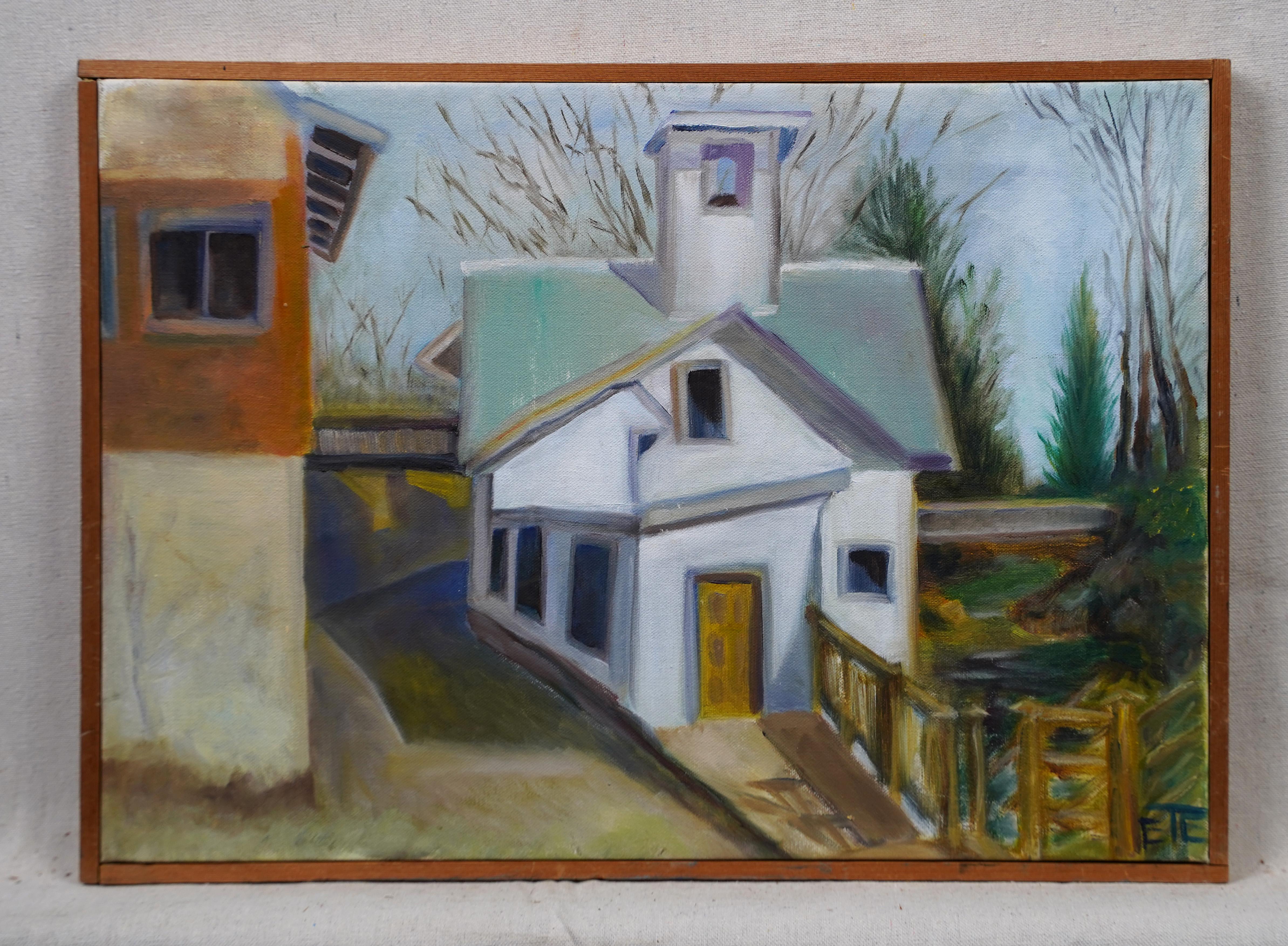 Vintage Signed American Modernist Framed Landscape Architectural Oil Painting  For Sale 1