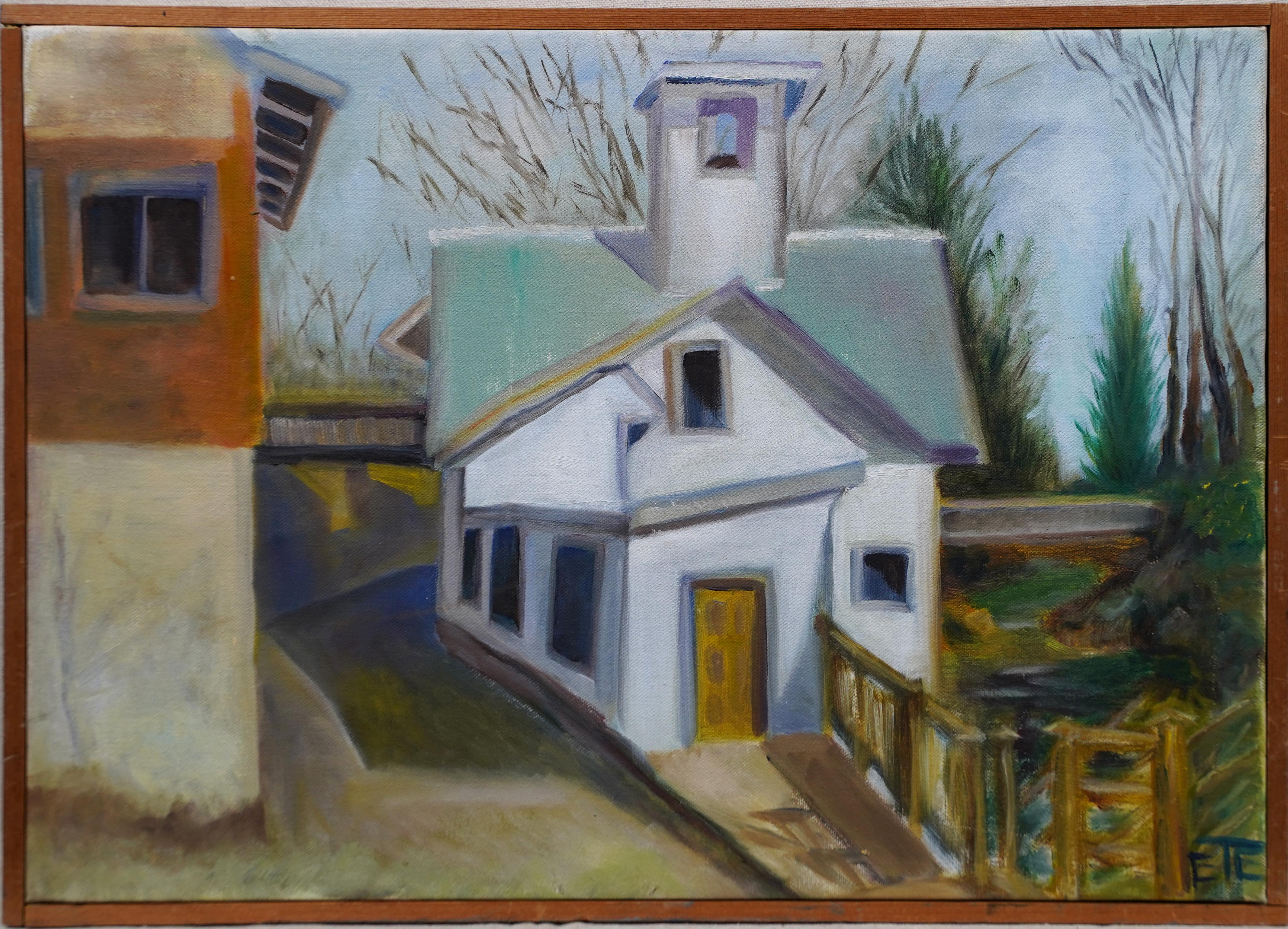 Vintage Signed American Modernist Framed Landscape Architectural Oil Painting