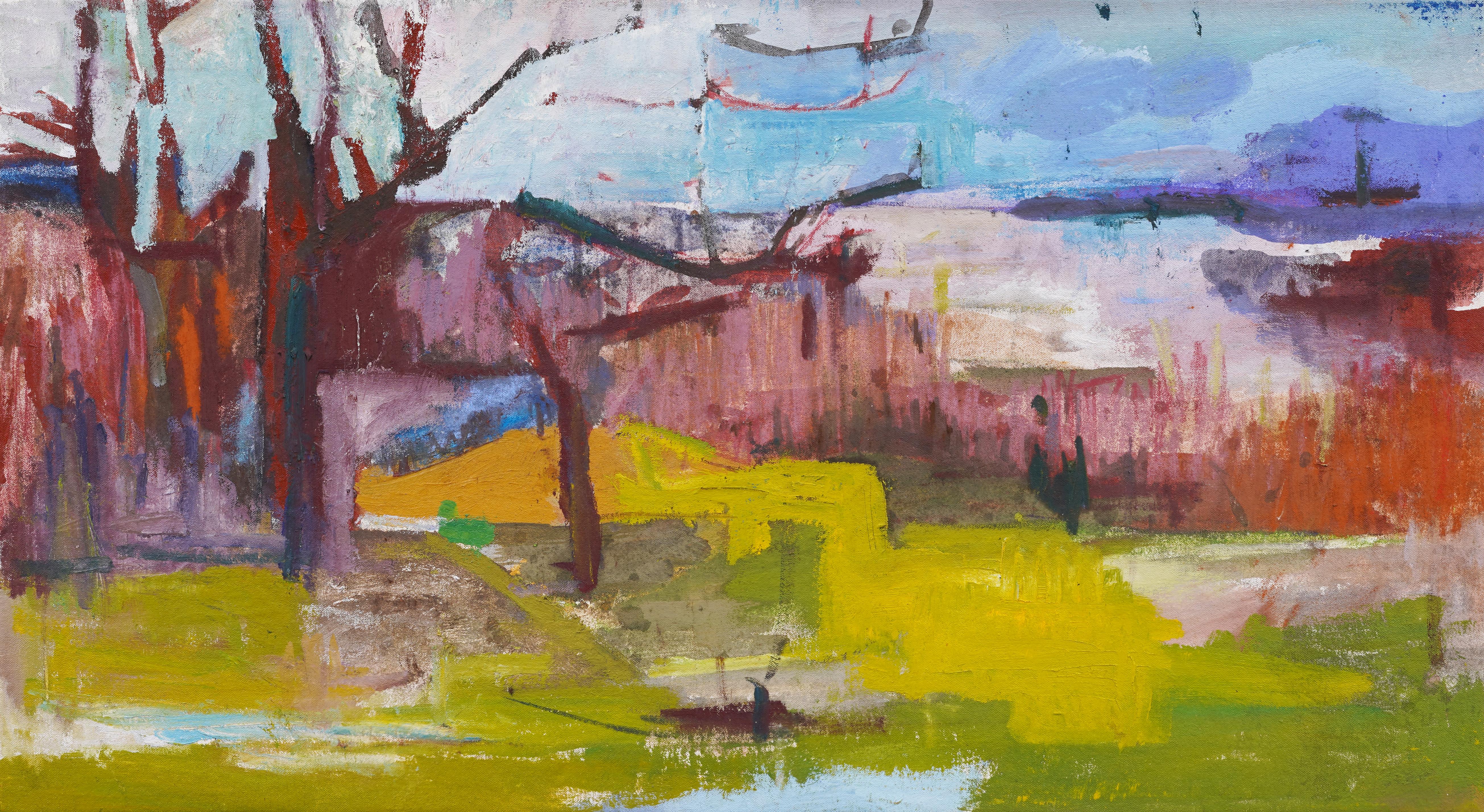 Pintura al óleo de un paisaje impresionista modernista americano firmado vintage - Painting Moderno de Unknown
