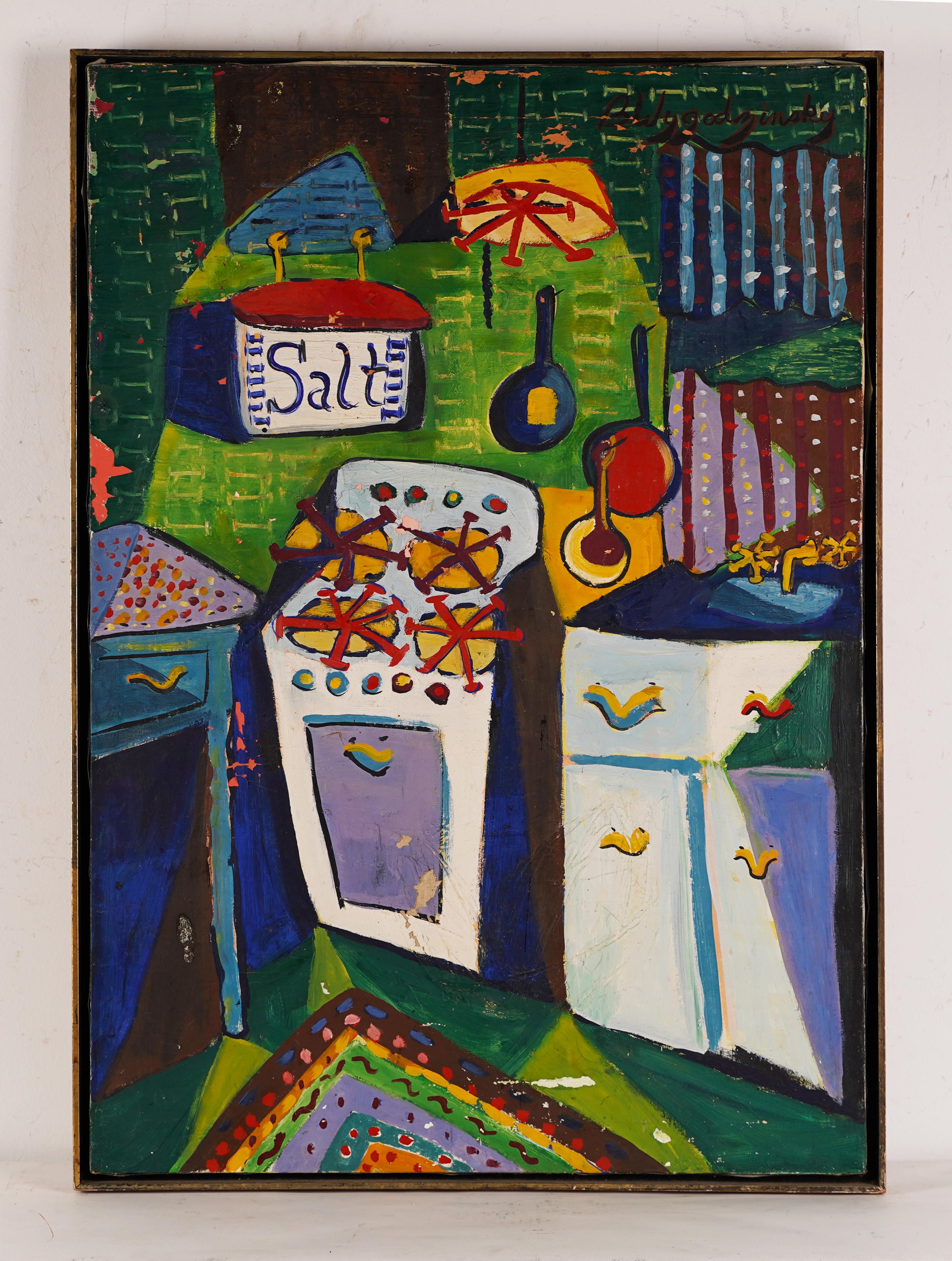 Vintage Firmado American Modernist Cocina Bodegón Tropical Pintura al Óleo - Painting Moderno de Unknown