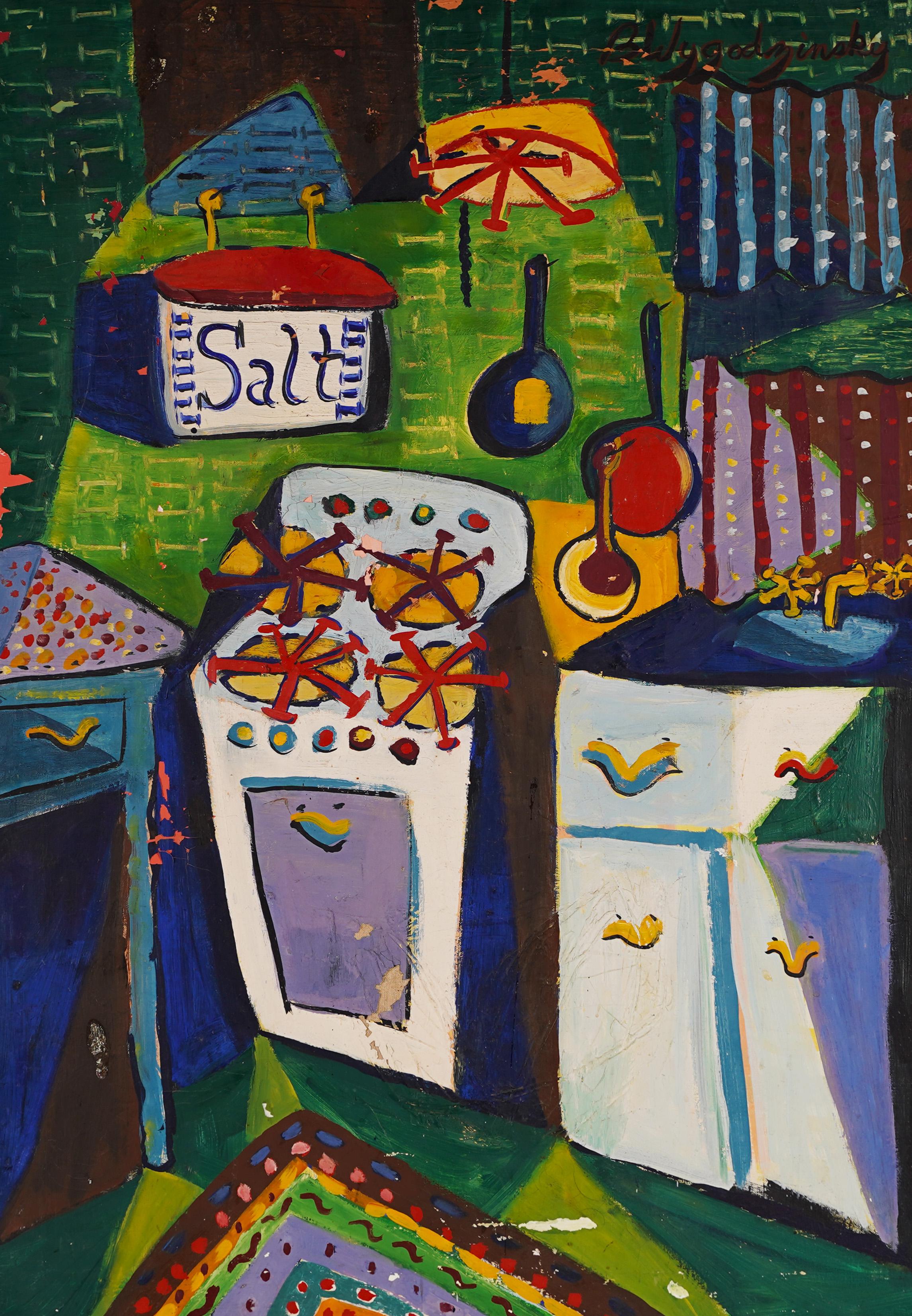 Vintage Firmado American Modernist Cocina Bodegón Tropical Pintura al Óleo - Interior Painting Negro de Unknown