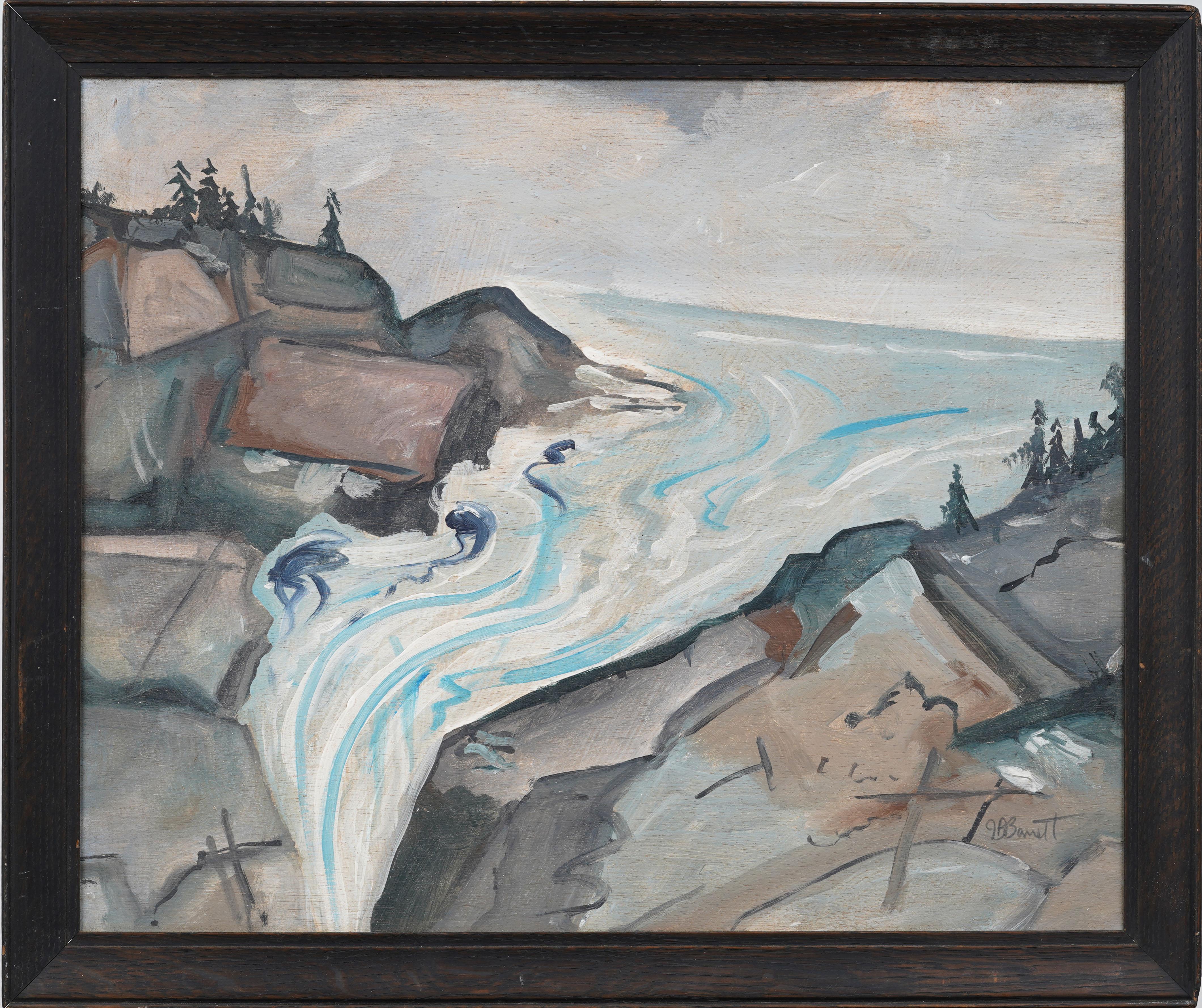 Vintage signiert amerikanischen Modernist New England gerahmt Küstenlandschaft Gemälde – Painting von Unknown