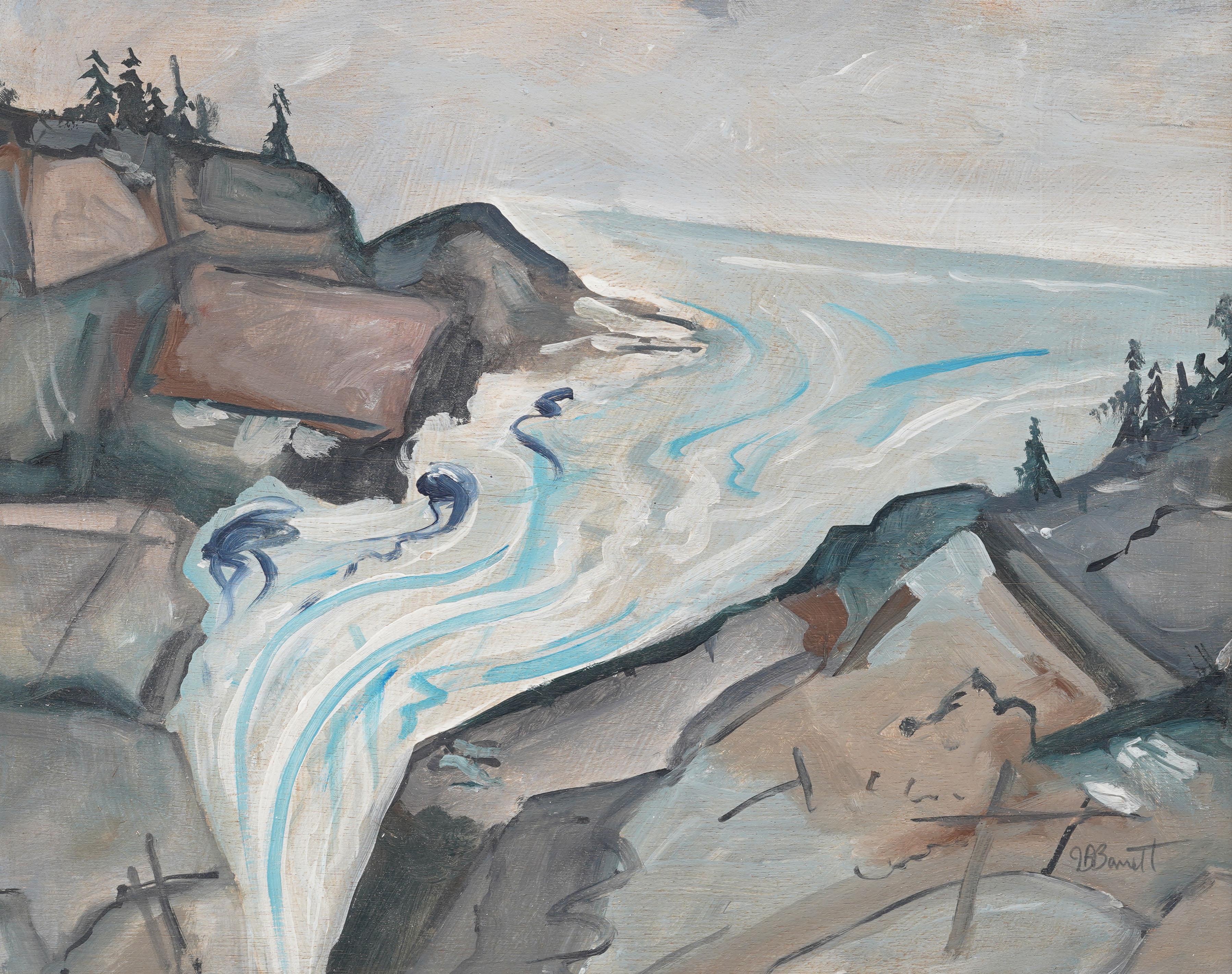 Vintage signiert amerikanischen Modernist New England gerahmt Küstenlandschaft Gemälde (Grau), Landscape Painting, von Unknown