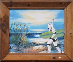 Vintage Signed American Pop Art Star Wars Storm Trooper Surfing Framed Painting