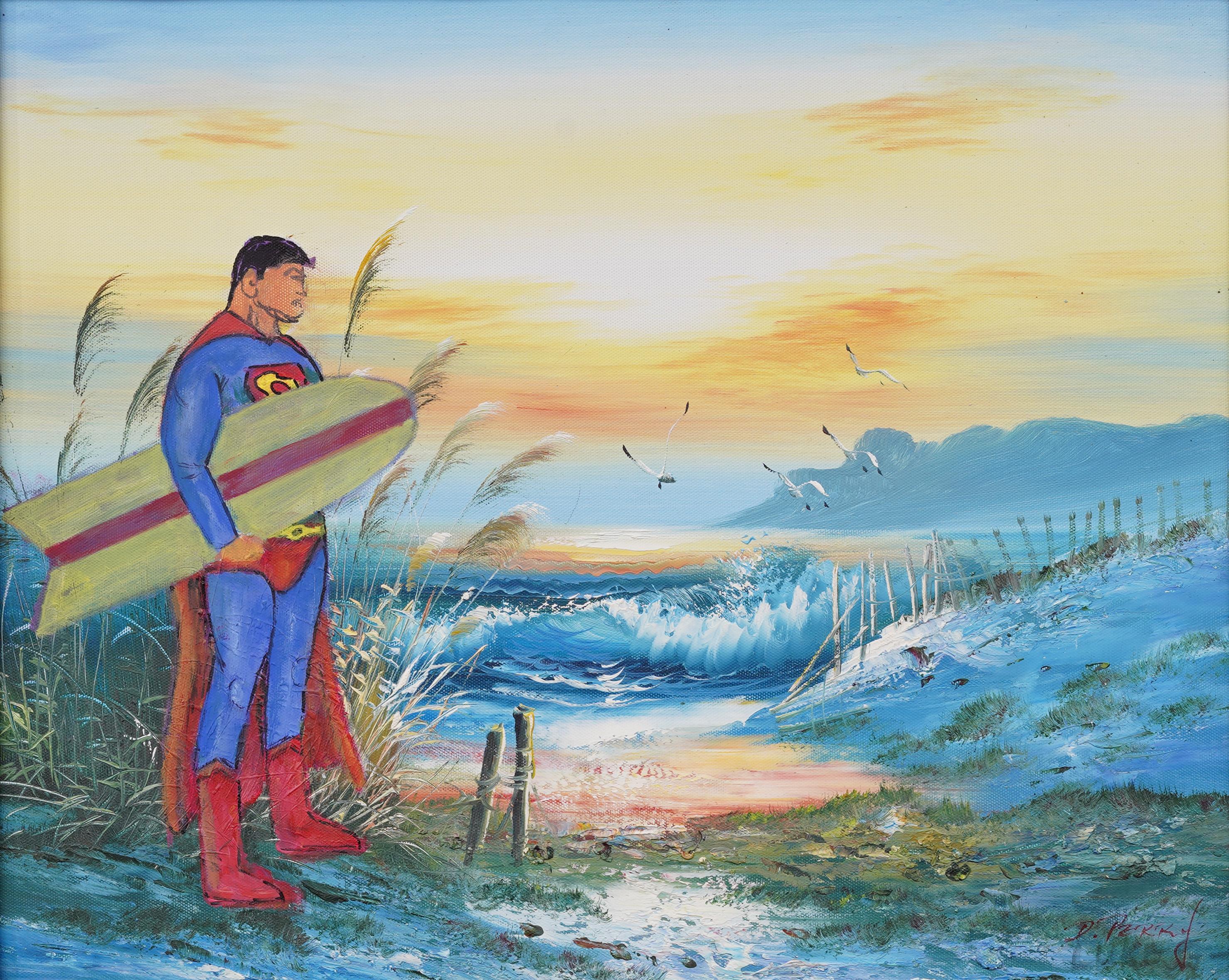 Peinture encadrée Pop Art américaine signée Superman Comic Art - Moderne Painting par Unknown