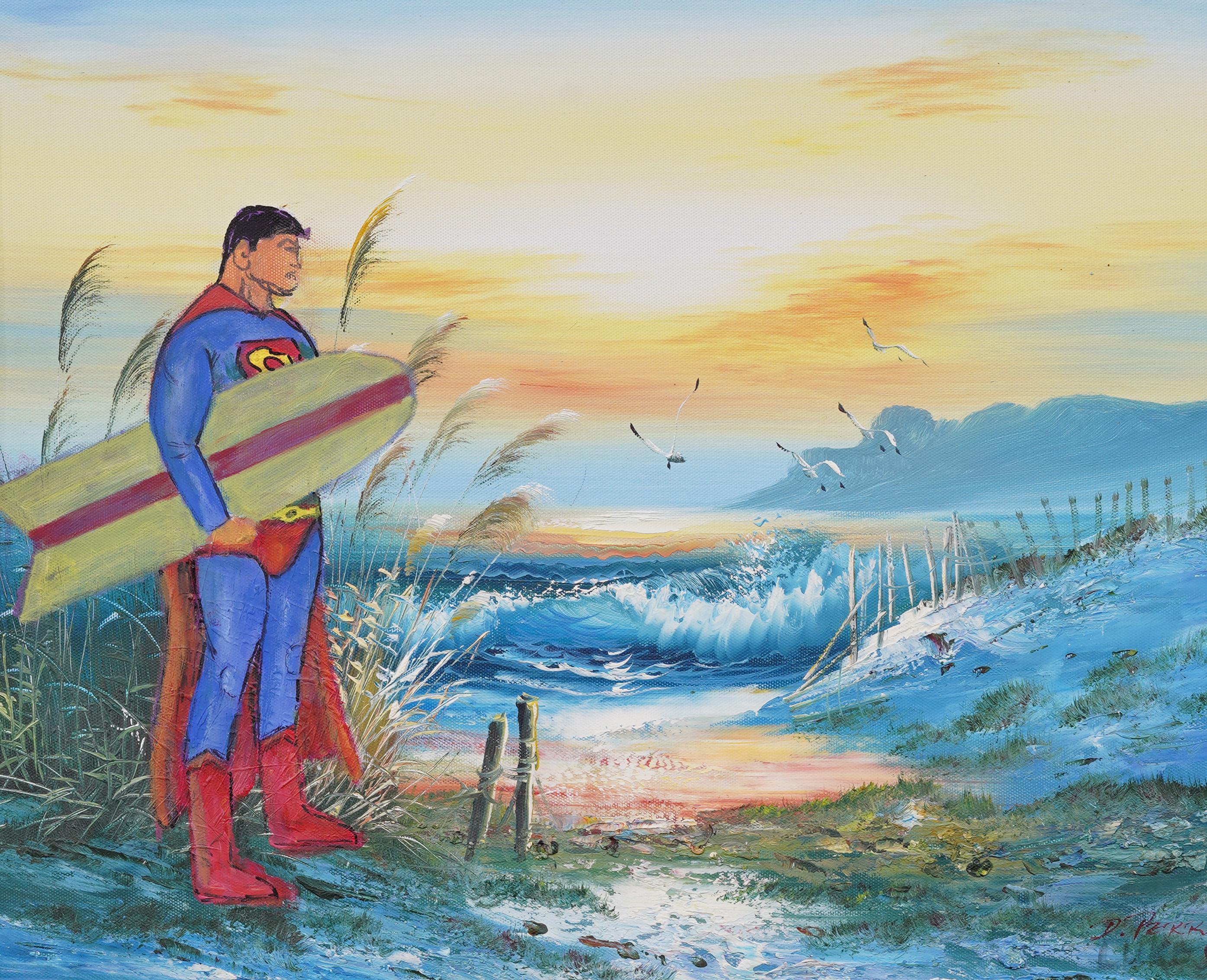 Peinture encadrée Pop Art américaine signée Superman Comic Art - Marron Landscape Painting par Unknown