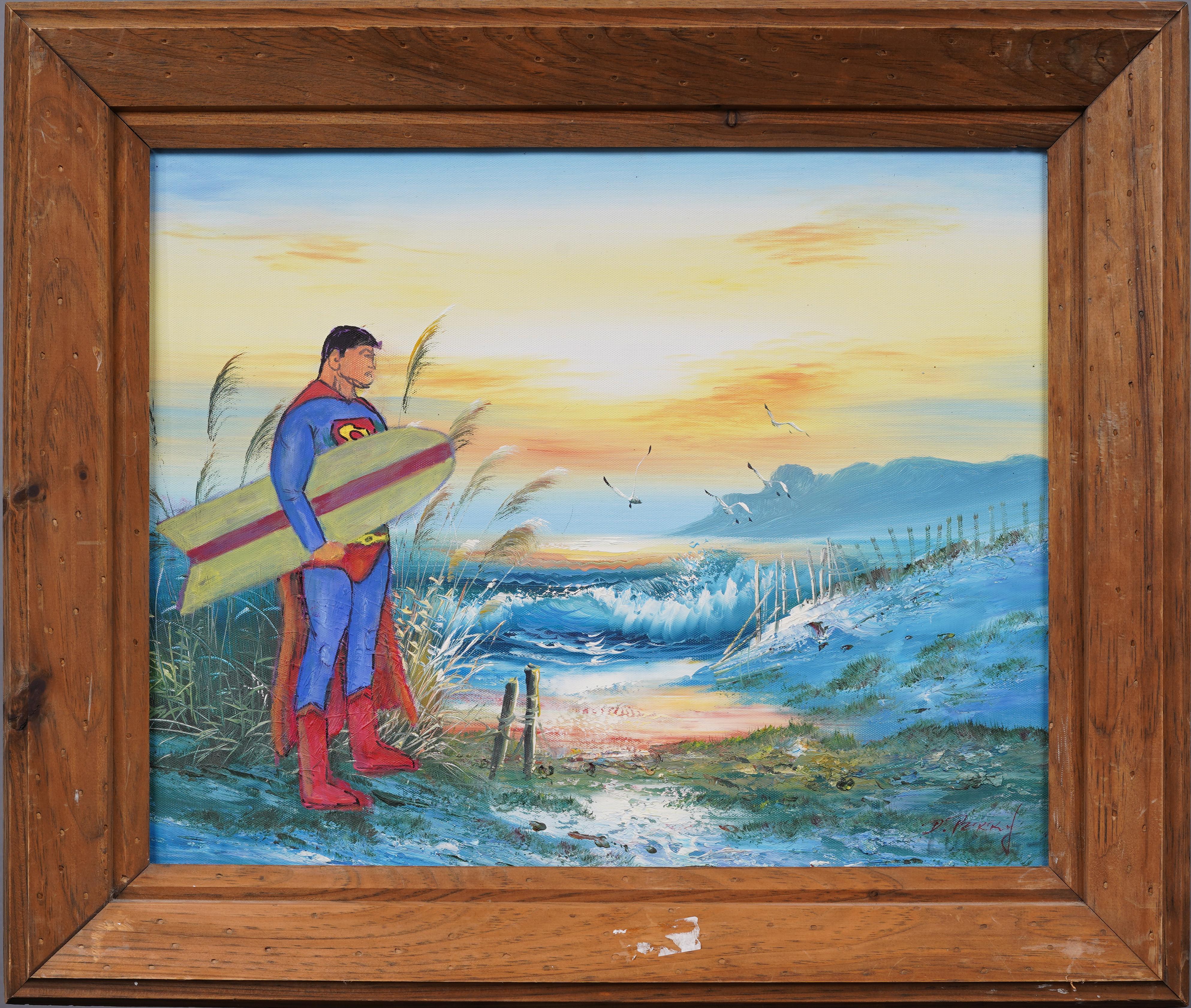 Vintage firmato American Pop Art Superman Comic Art Surfing Quadro incorniciato