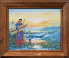 Vintage firmato American Pop Art Superman Comic Art Surfing Quadro incorniciato