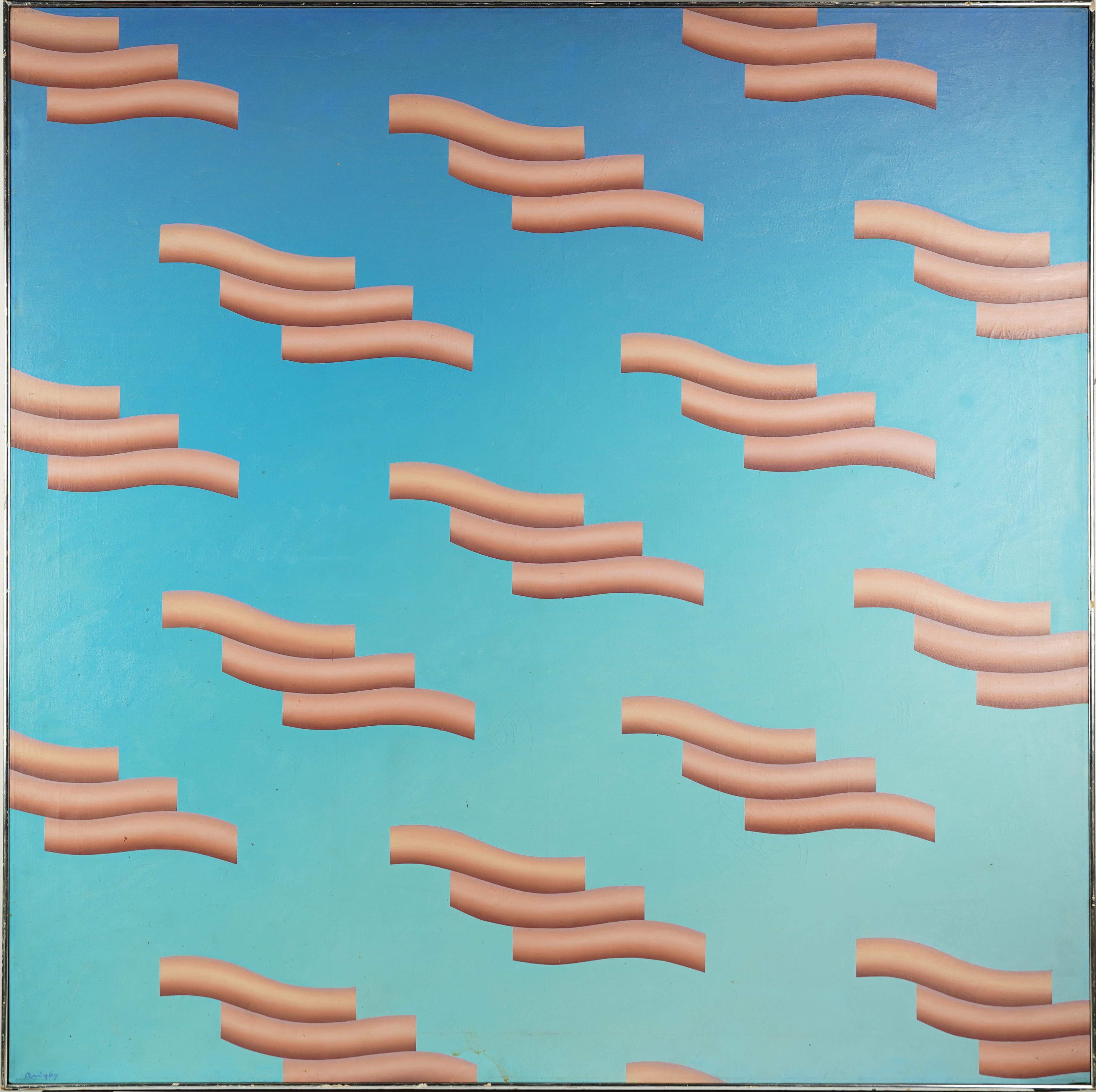 Landscape Painting di Unknown - Vintage firmato Scuola americana astratta Pop Art Grande pittura ad olio originale