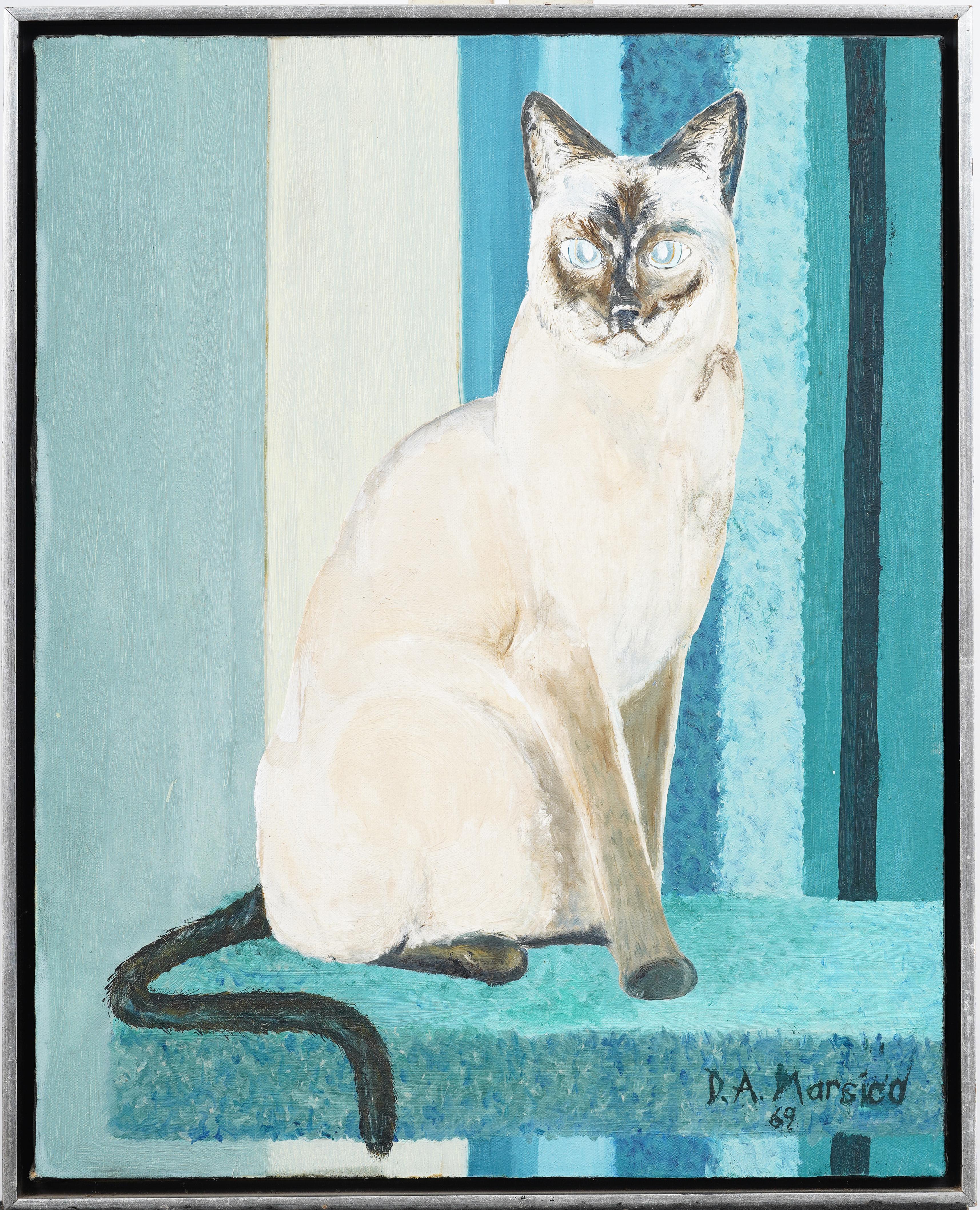 Vintage Signé American School Cat Portrait Encadré Peinture à l'huile originale