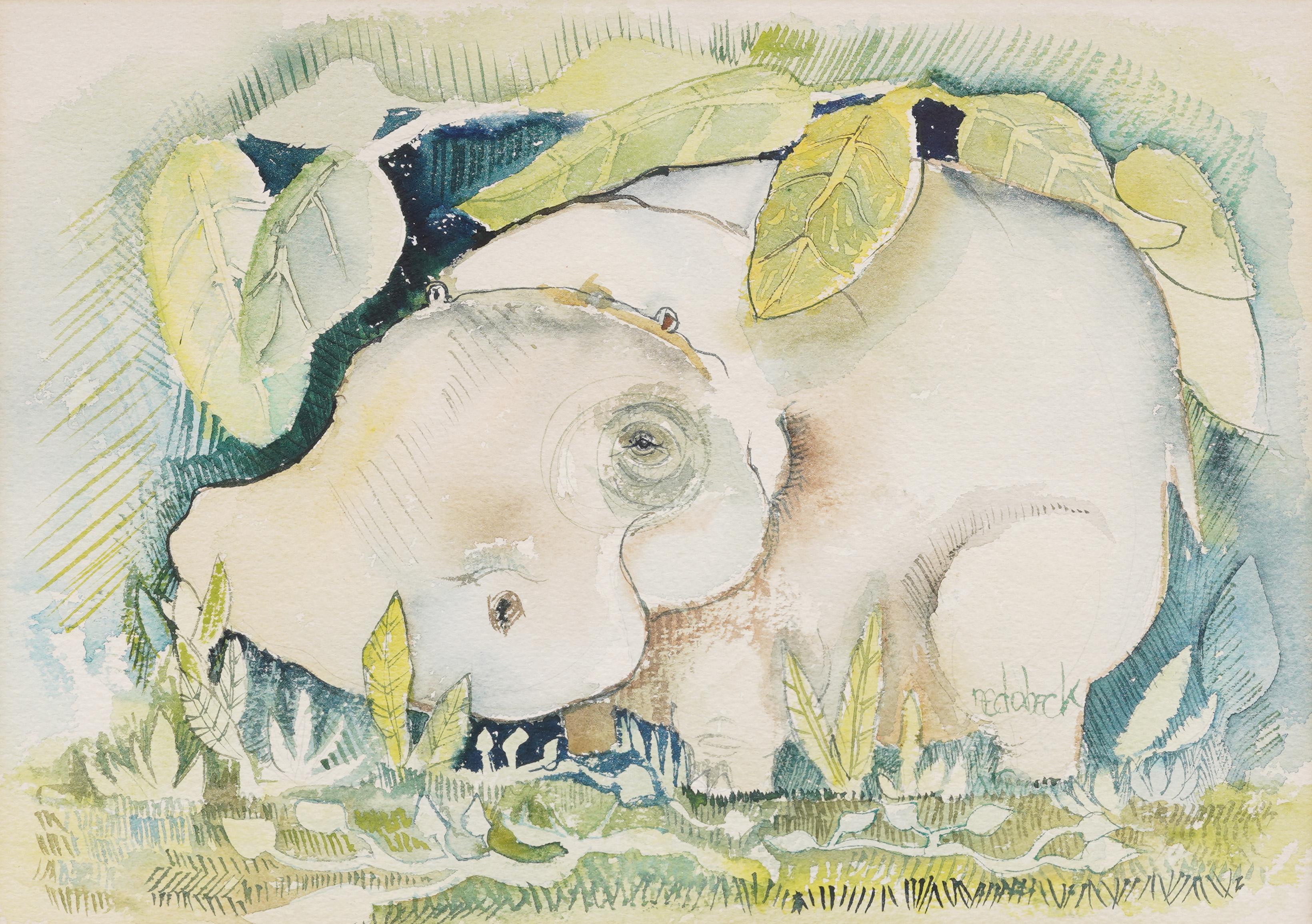Vintage signé American School Illustration mignonne Hungry Hippo Animal Portrait  - Moderne Painting par Unknown