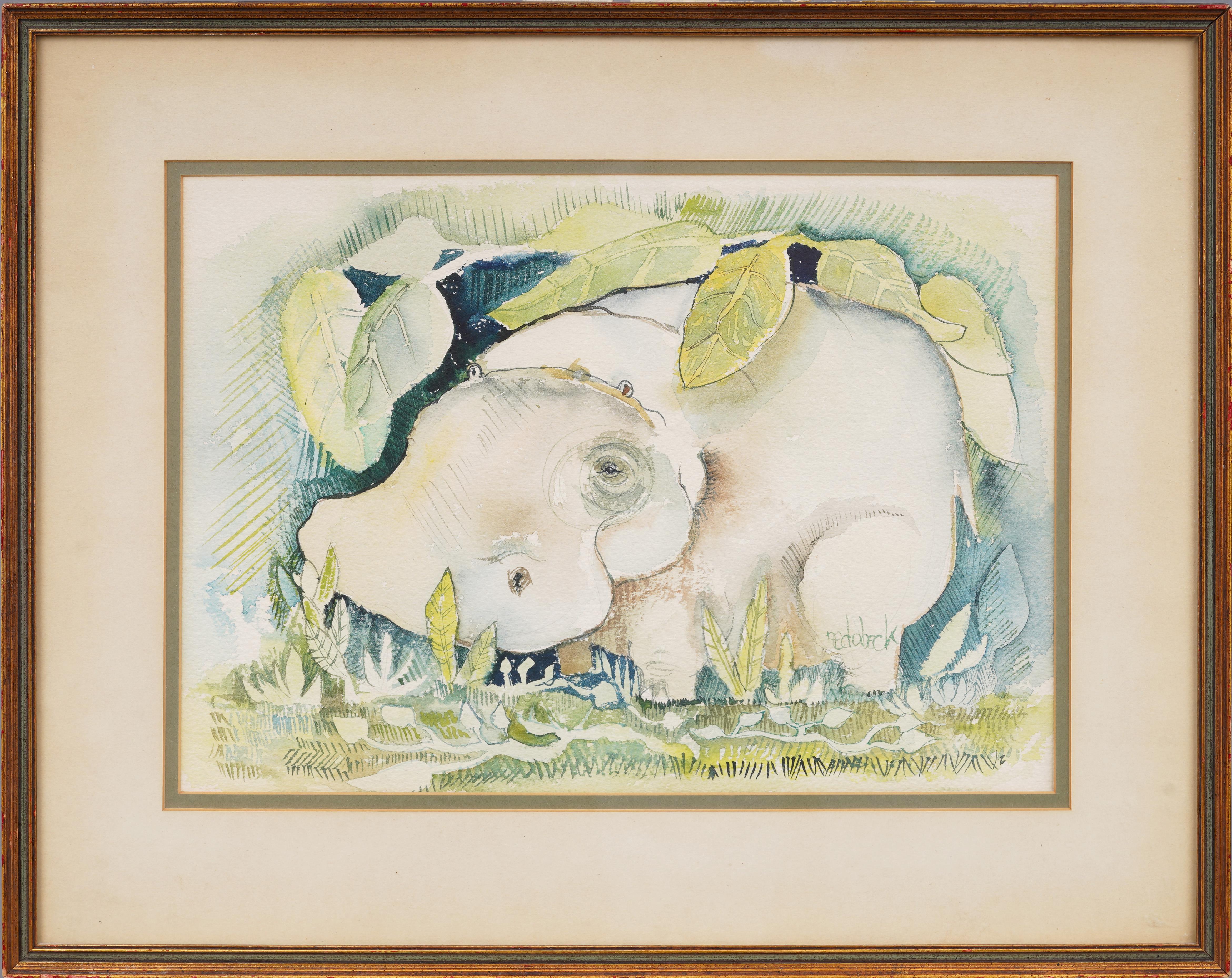 Landscape Painting Unknown - Vintage signé American School Illustration mignonne Hungry Hippo Animal Portrait 