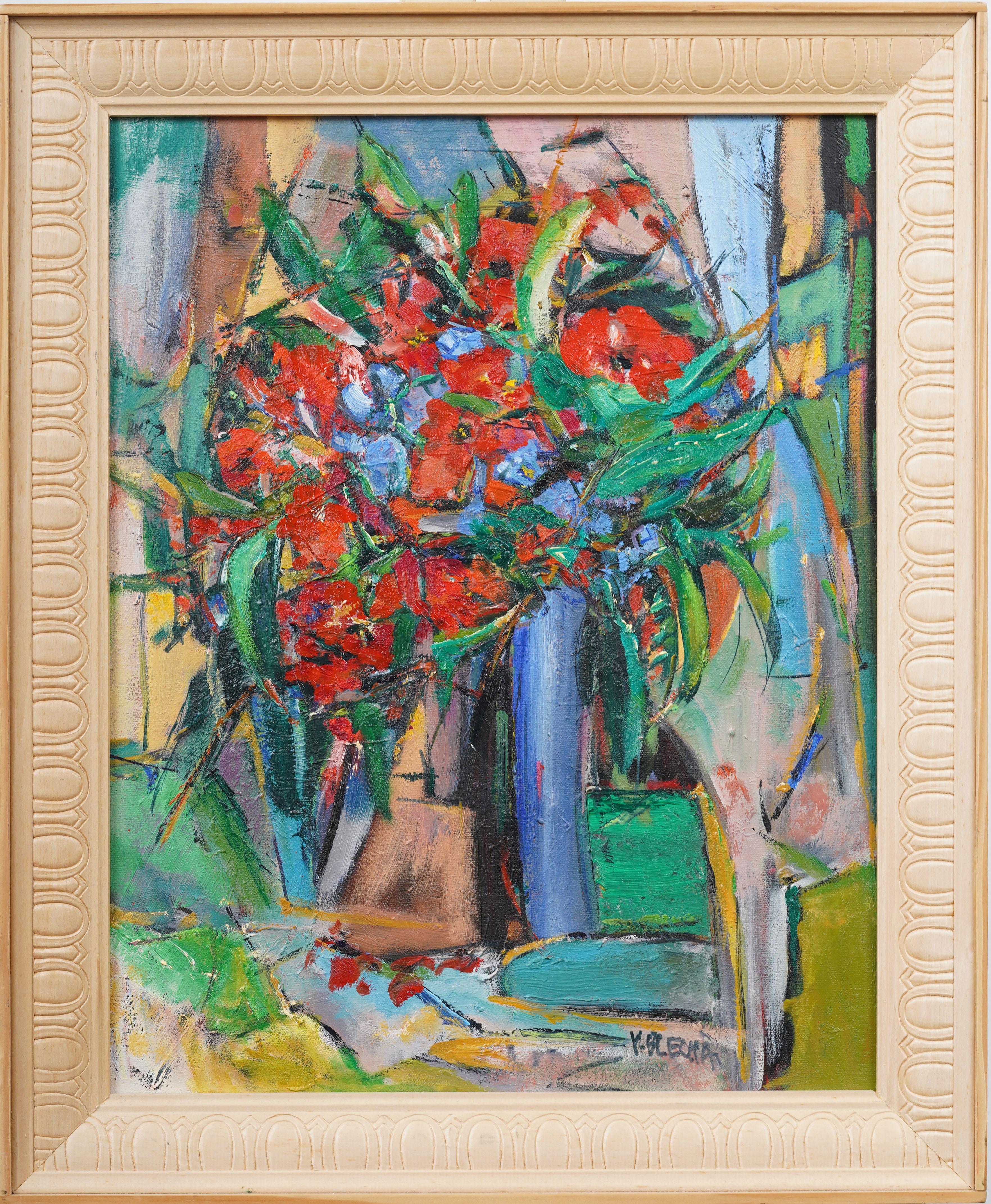 Vintage Signed American School Modernist Cubist Flower Still Life Ölgemälde – Painting von Unknown