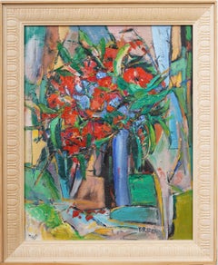 Vintage Signed American School Modernist Cubist Flower Still Life Oil Painting