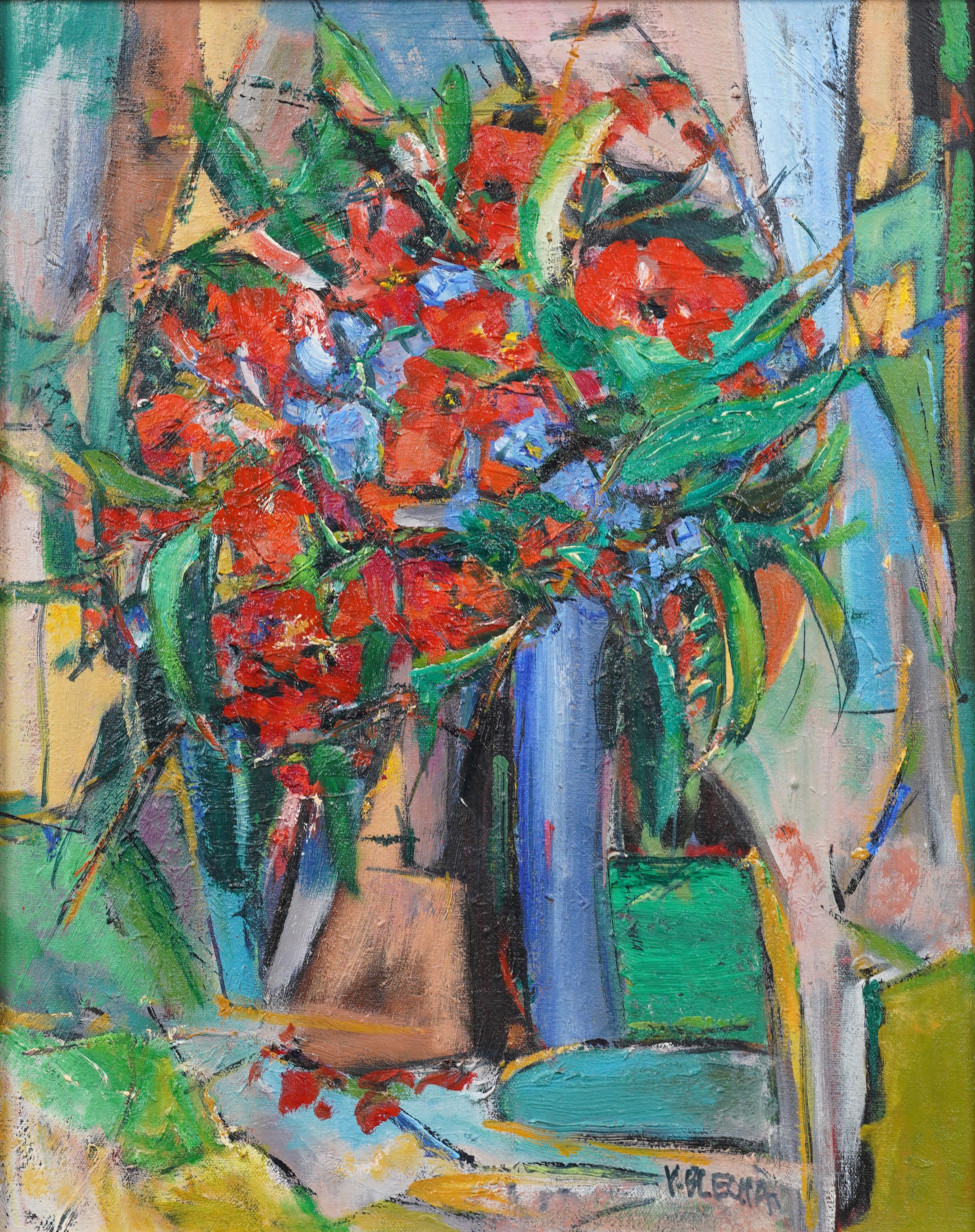 Vintage Signed American School Modernist Cubist Flower Still Life Ölgemälde (Moderne), Painting, von Unknown