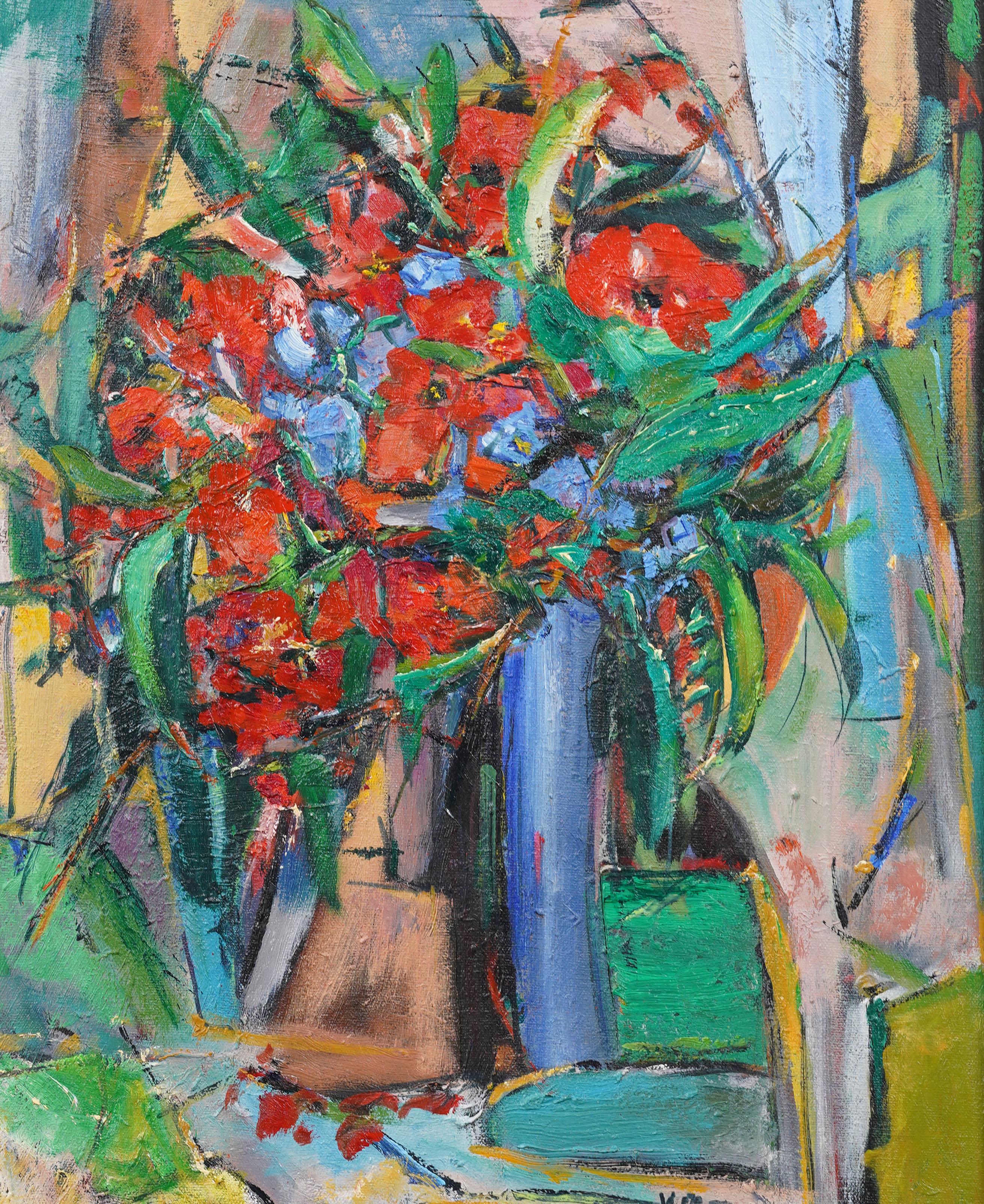 Vintage Signed American School Modernist Cubist Flower Still Life Ölgemälde (Braun), Abstract Painting, von Unknown