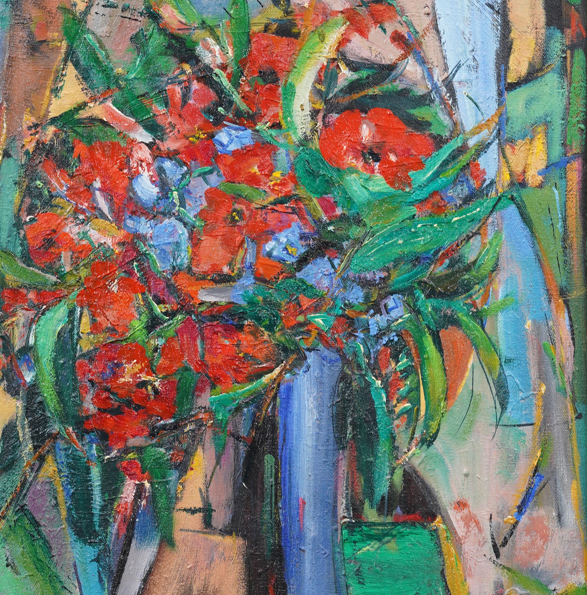 Vintage Signed American School Modernist Cubist Flower Still Life Ölgemälde im Angebot 1