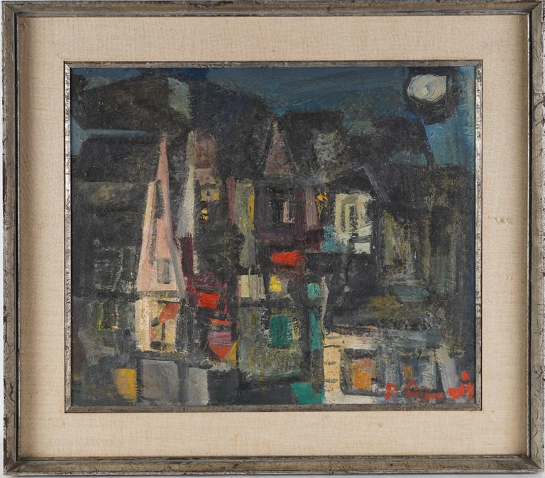 Vintage Signed American School Nocturnal Cityscape Framed Original Oil Painting - Gray Landscape Painting by Unknown