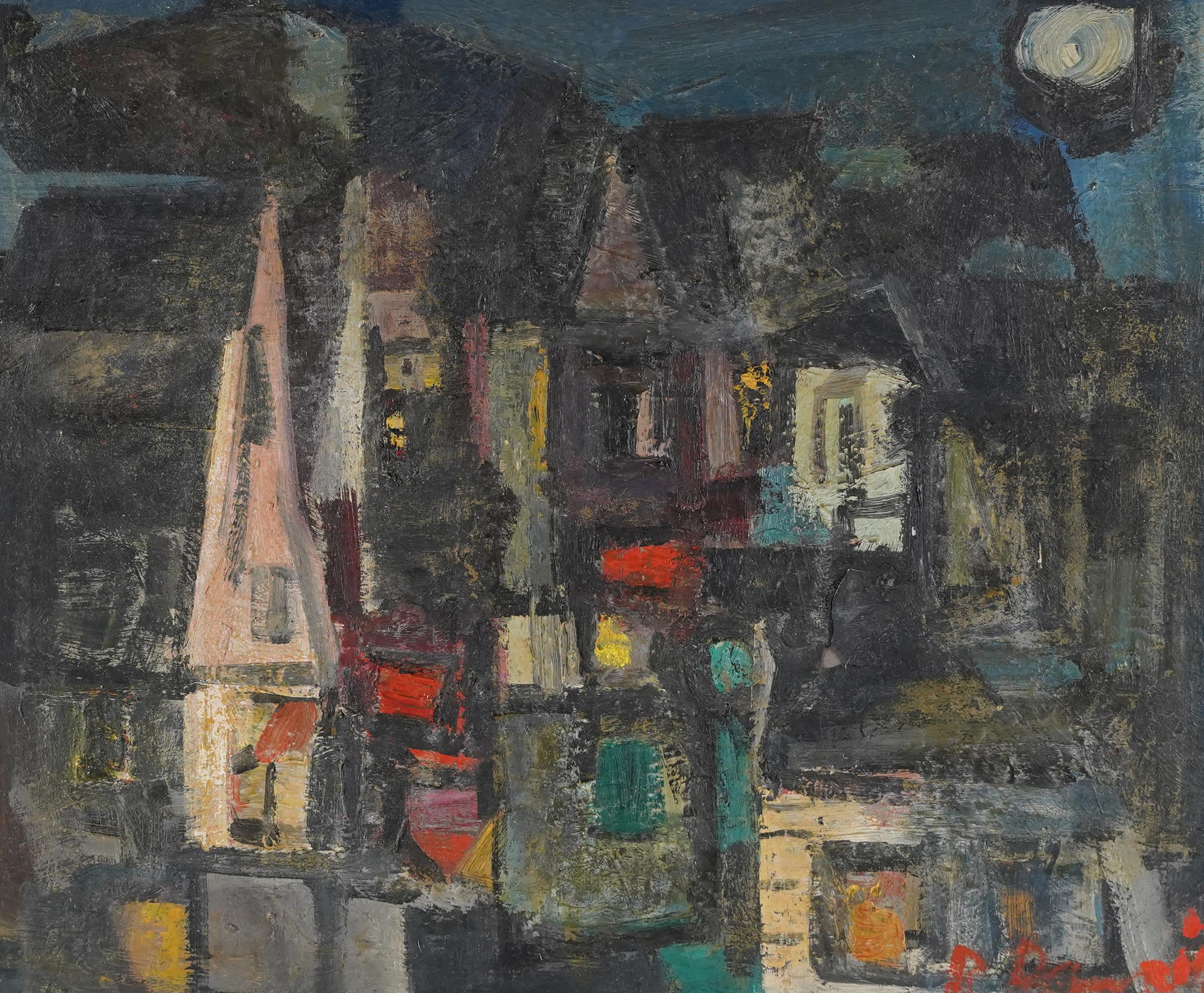 Vintage Signed American School Nocturnal Cityscape Framed Original Oil Painting - Gray Landscape Painting by Unknown
