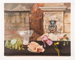 Vintage Signed Belgian Large Modernist Harvest Still Life Cityscape Painting