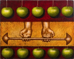 Vintage Signed Contemporary Surreal Apple Strength Portrait Rare Oil Painting