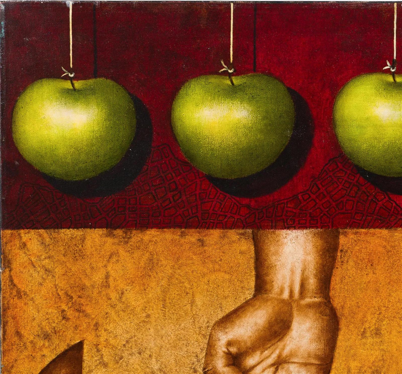 Vintage Signed Contemporary Surreal Apple Strength Portrait Rare Oil Painting For Sale 2