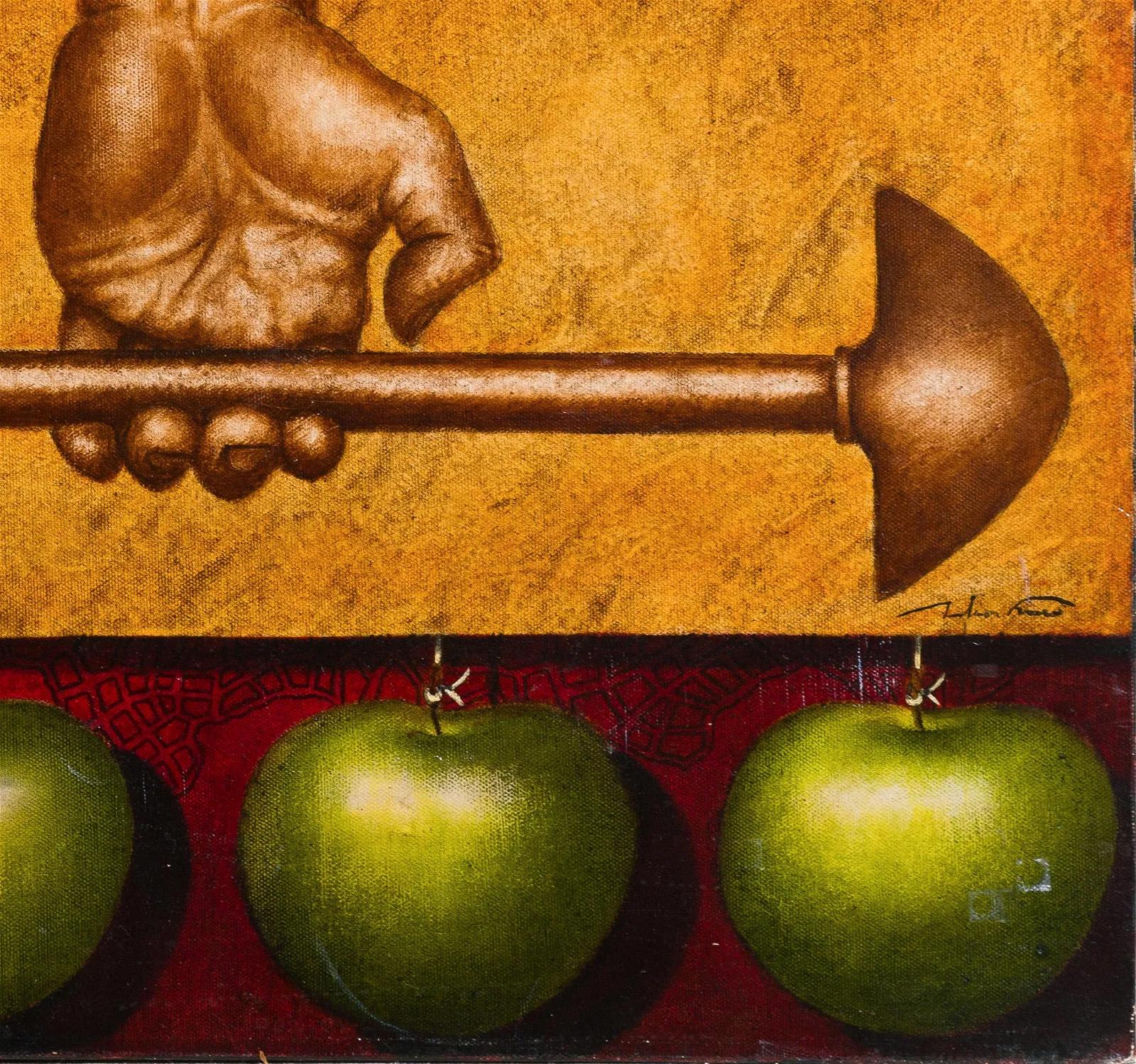 Vintage Signed Contemporary Surreal Apple Strength Portrait Rare Oil Painting For Sale 3
