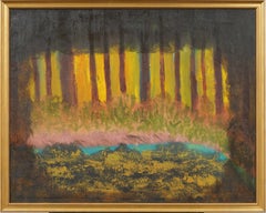 Vintage Signed Ethereal Modernist Forest Landscape Framed American Oil Painting