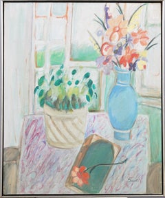 Vintage Signed Impressionist Flower Still Life Interior Scene Framed Painting