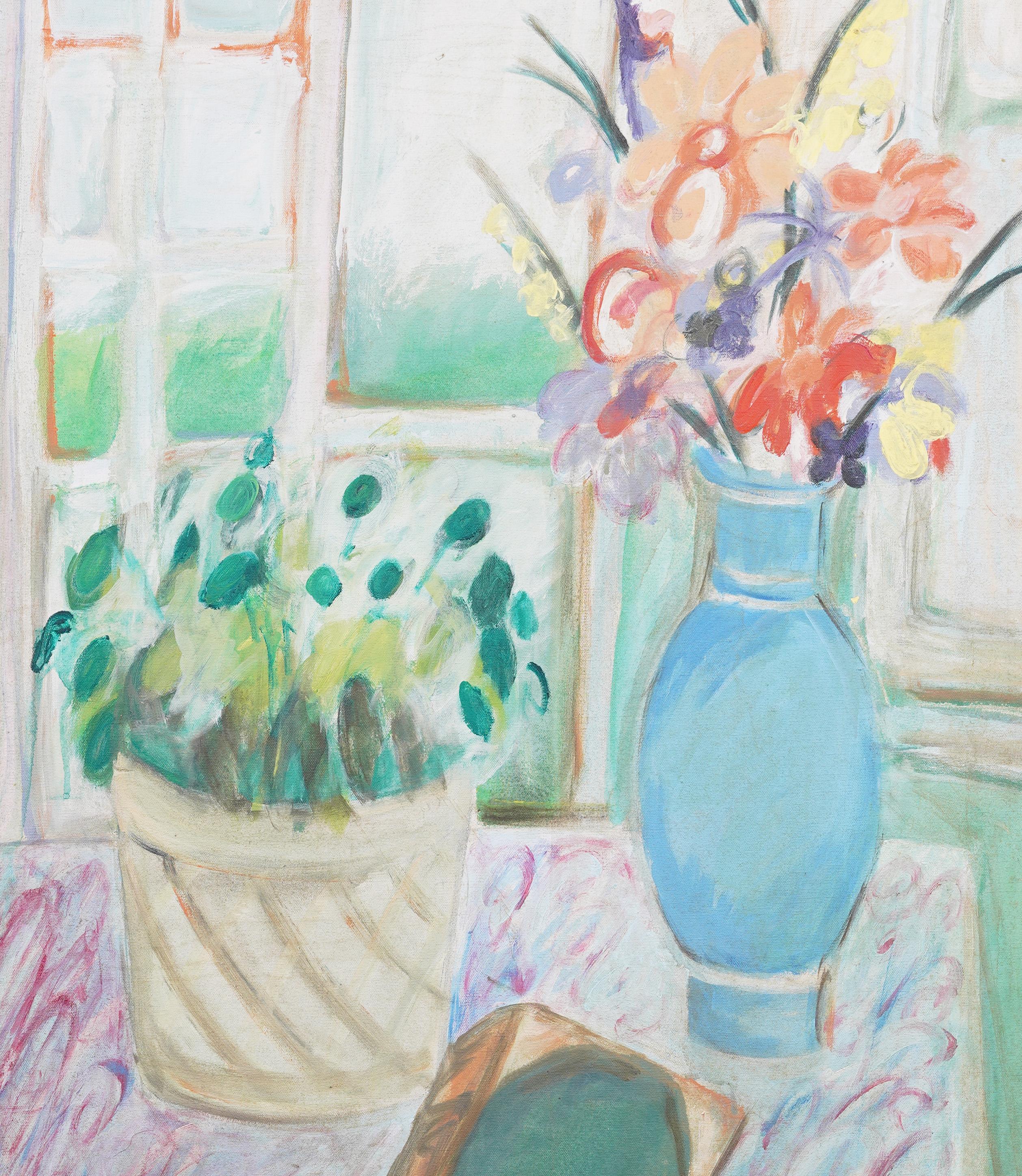 Vintage By Firmato Impressionista Fiore Natura Morta Scena Interna Incorniciata - Still-Life Painting Grigio di Unknown