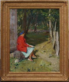 Vintage Firmado Paisaje Impresionista con Mujer Leyendo Enmarcado Óleo sobre Lienzo