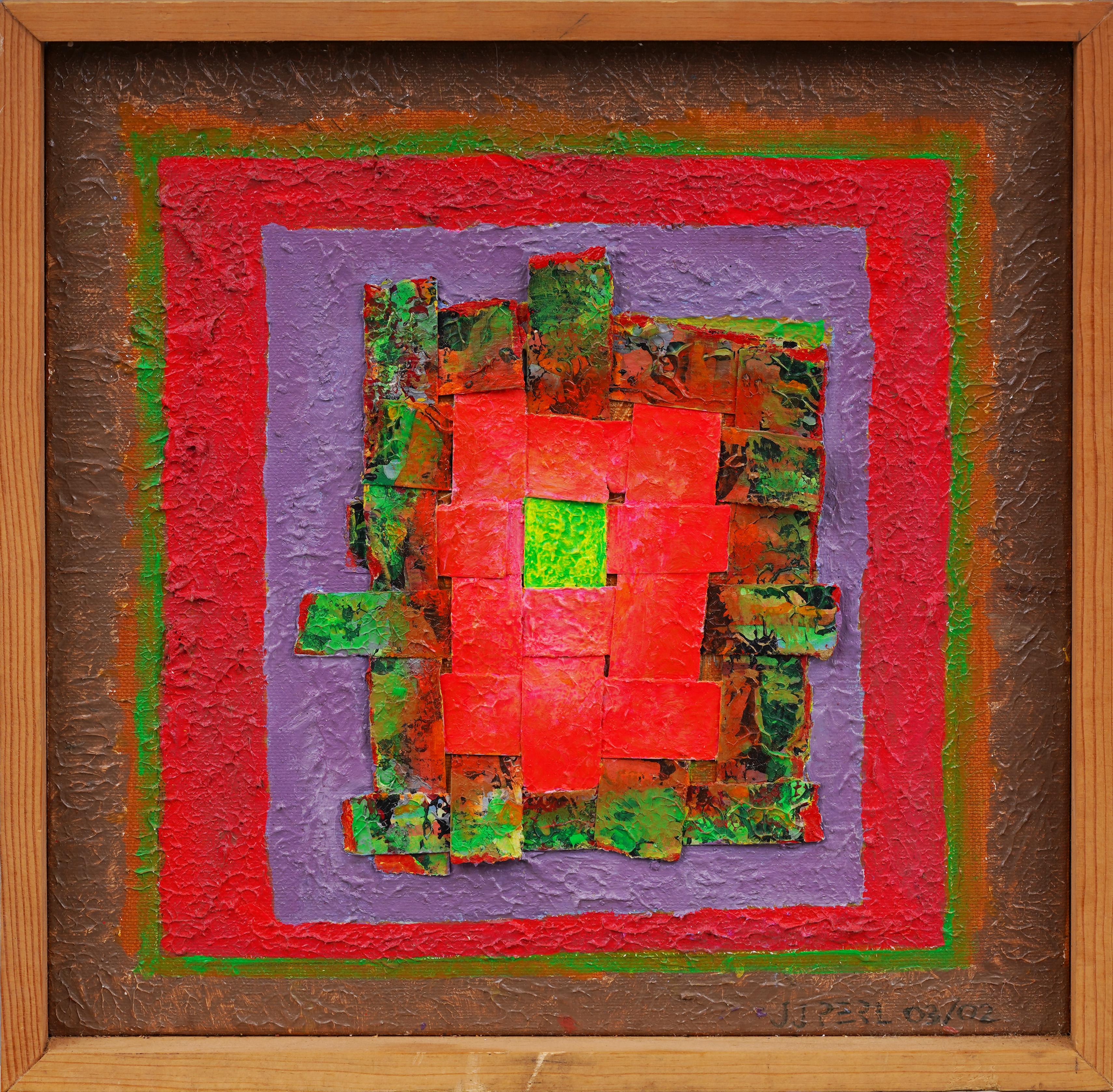 Vintage mixed media painting signed JJ PERL. Mixed media painting on linen strips.  Framed. Signed. Measuring 13 by 13 inches overall and 12 by 12 painting alone. In excellent original condition. 