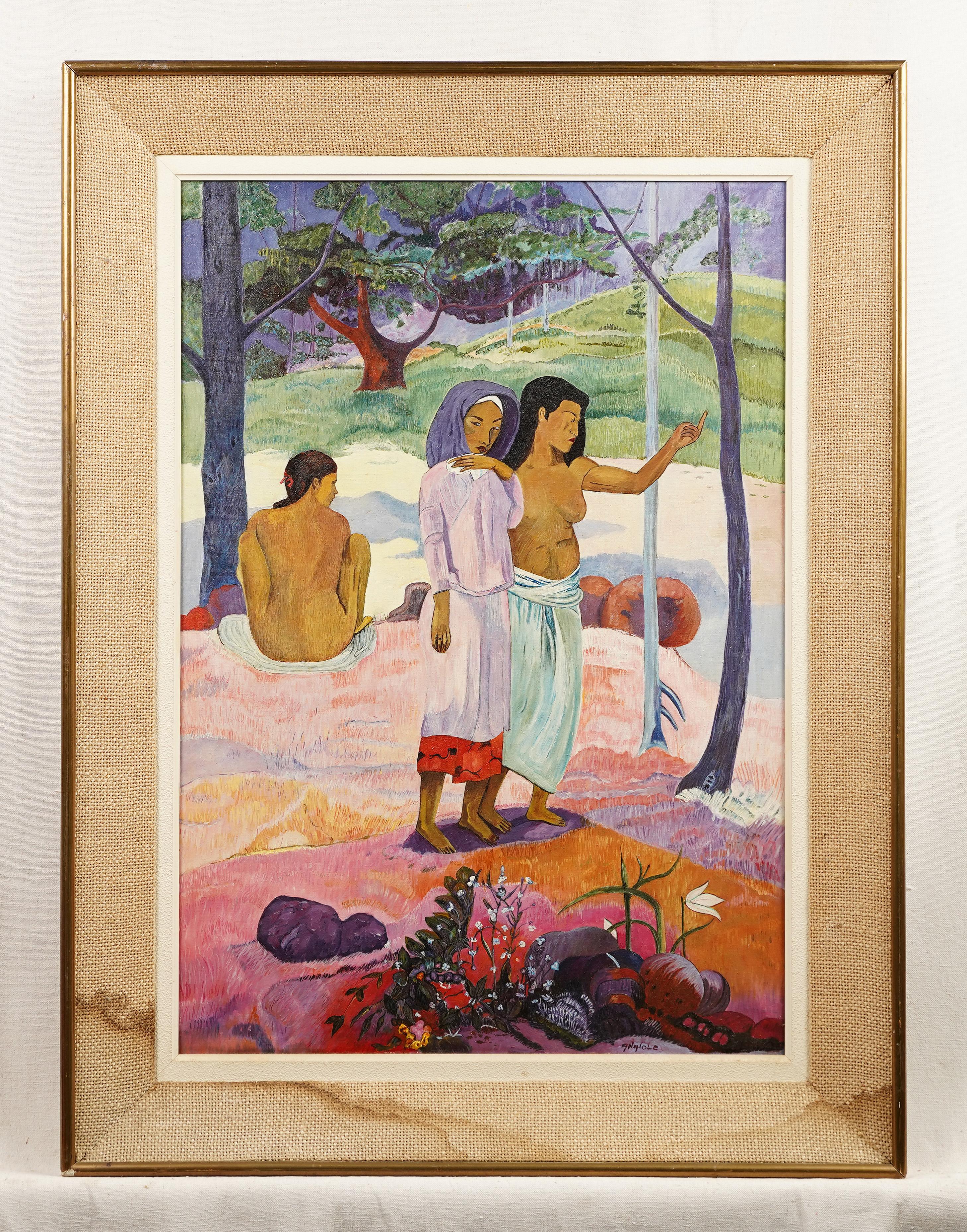 Vintage signiert Nude Tropical Frauen gerahmt Landschaft Ölgemälde – Painting von Unknown