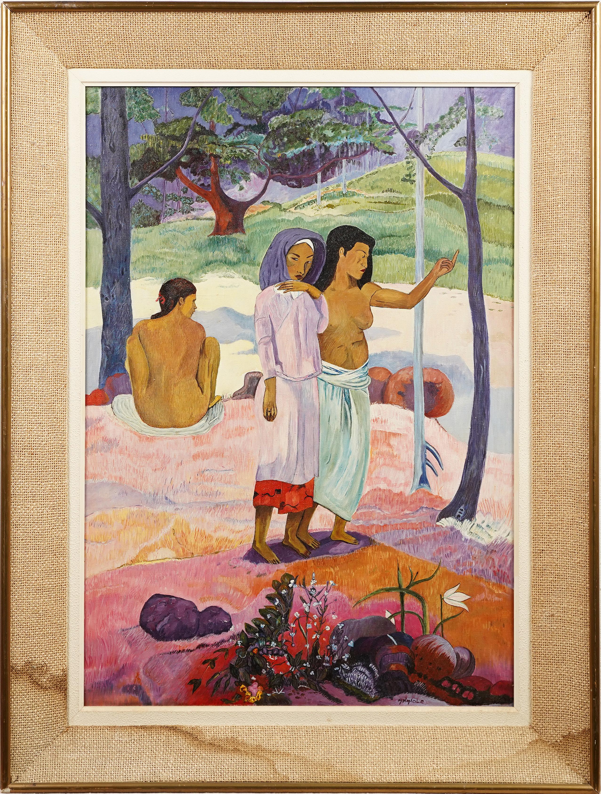 Vintage signiert Nude Tropical Frauen gerahmt Landschaft Ölgemälde (Impressionismus), Painting, von Unknown