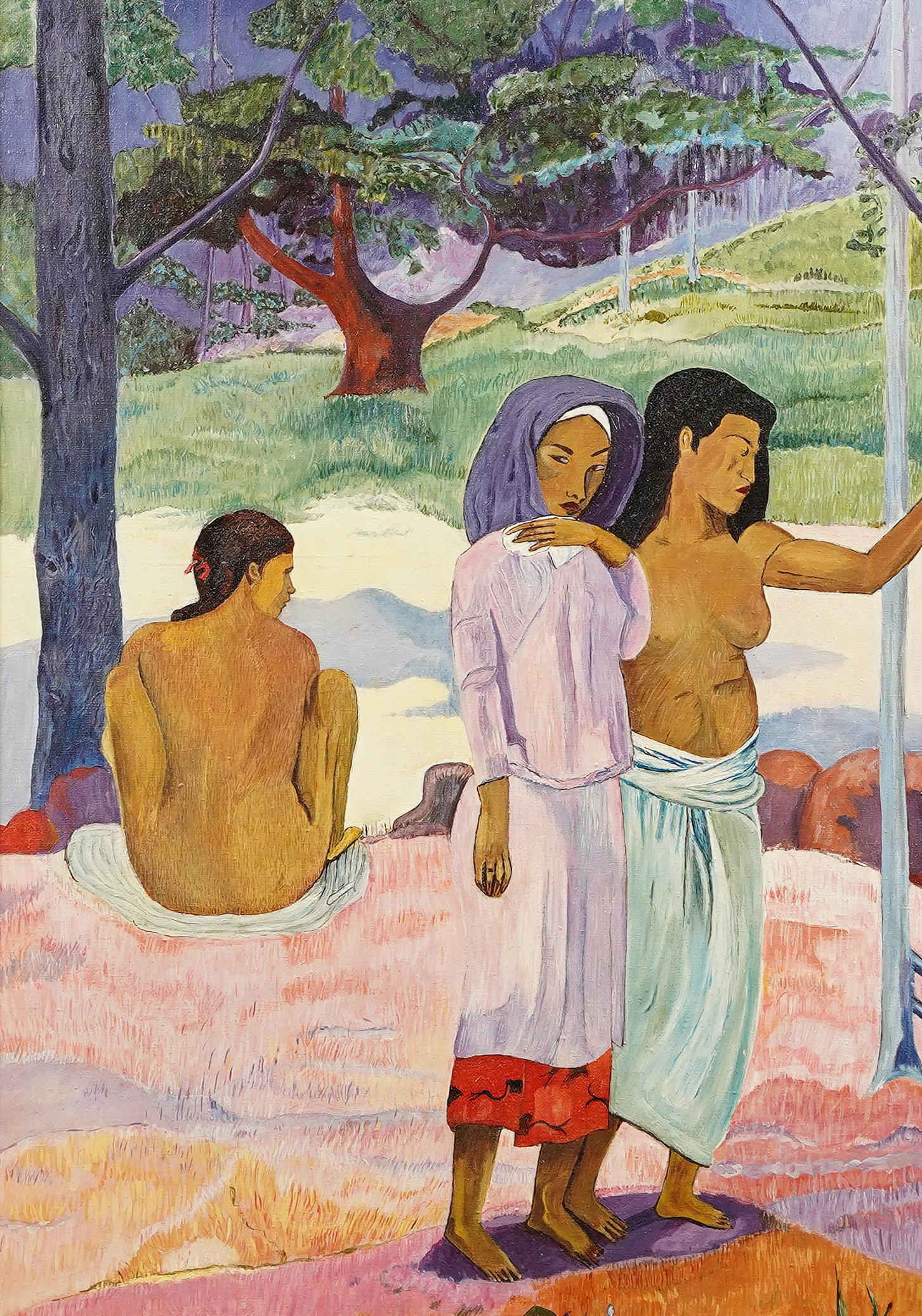 Vintage Signed Nude Tropical Women Framed Landscape Oil Painting For Sale 4