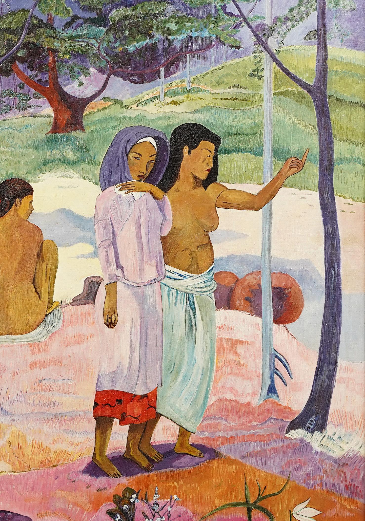 Pintura al óleo de paisajes tropicales desnudos firmada vintage 4