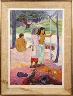 Peinture à l'huile vintage de paysage encadrée représentant des femmes tropicales nues, signée