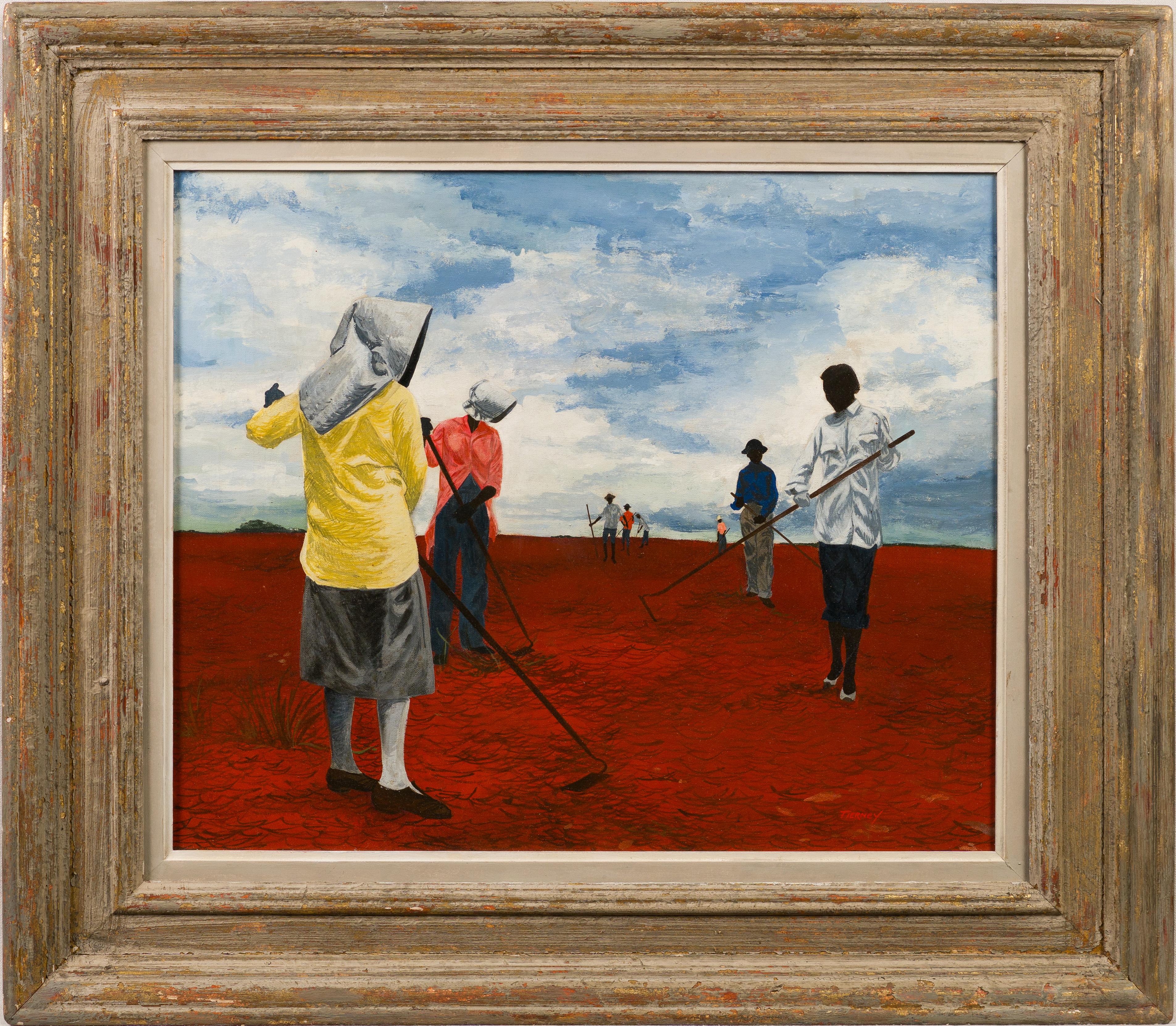 Vintage Signed Surreal Black Farming Figures Modernist Landscape Oil Painting - Brown Landscape Painting by Unknown