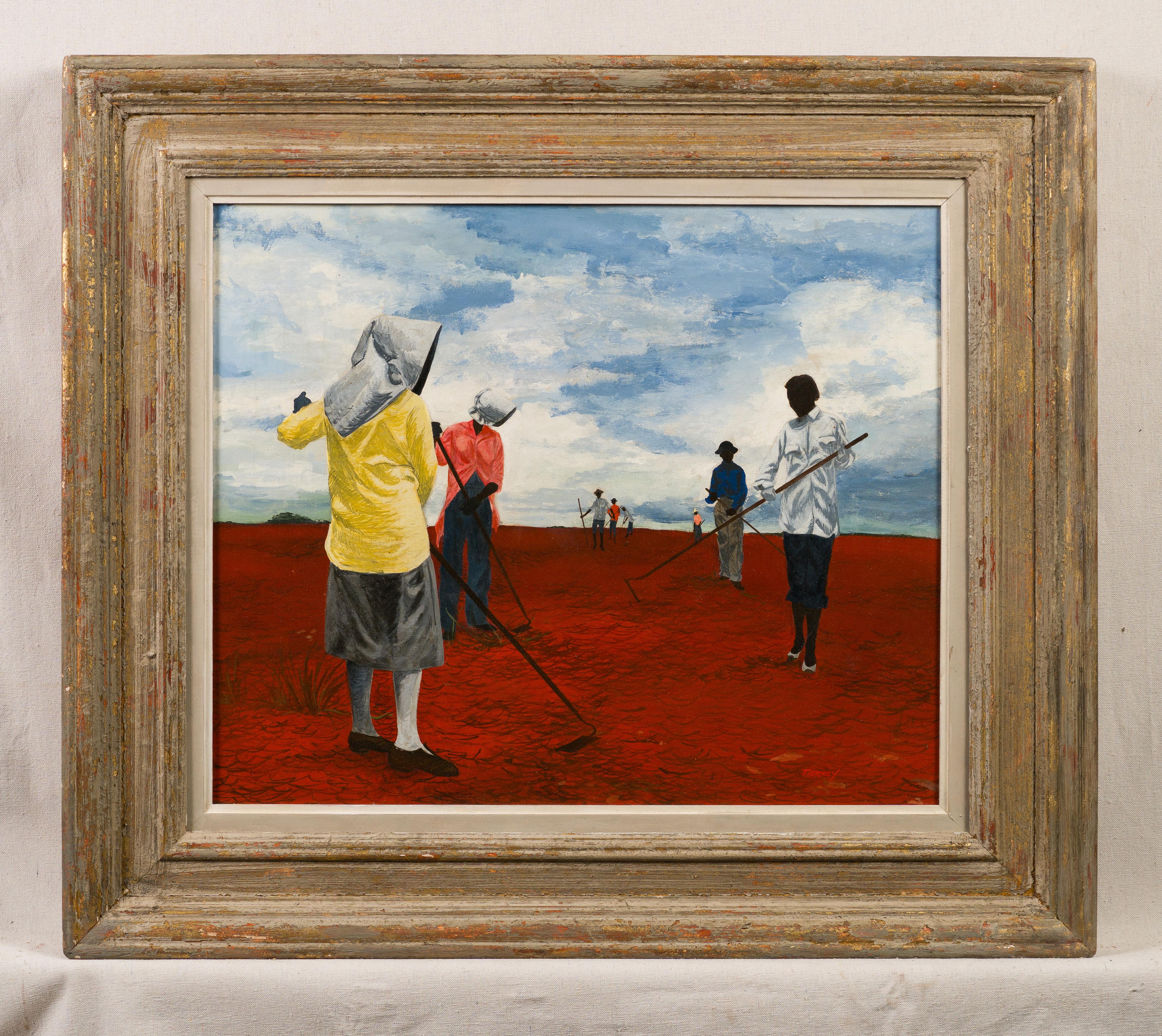 Antique American modernist surreal landscape oil painting.  Oil on canvas.  Framed.  Signed.