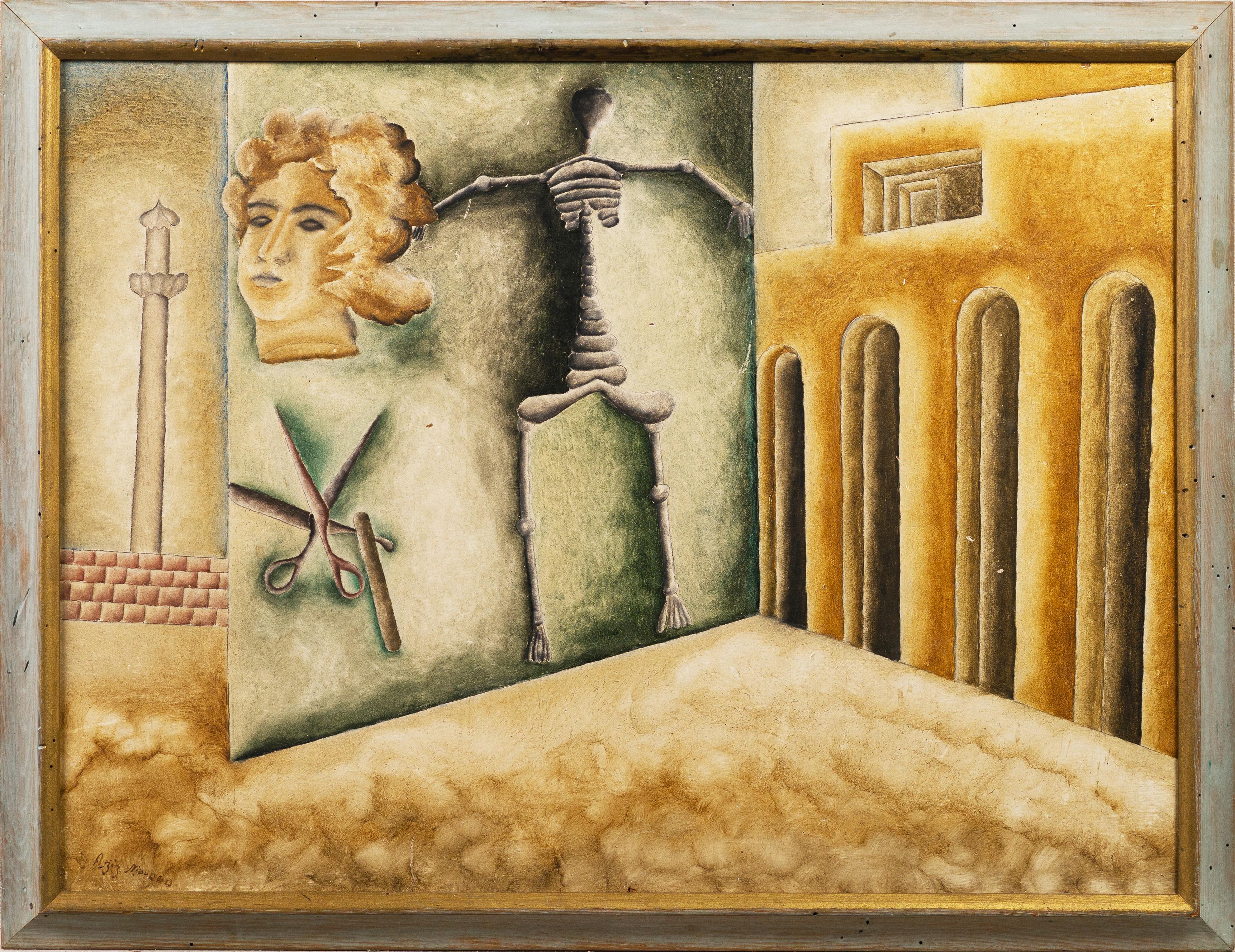 Peinture à l'huile de paysage moderniste représentant une scène de rue surréaliste, signée - Painting de Unknown